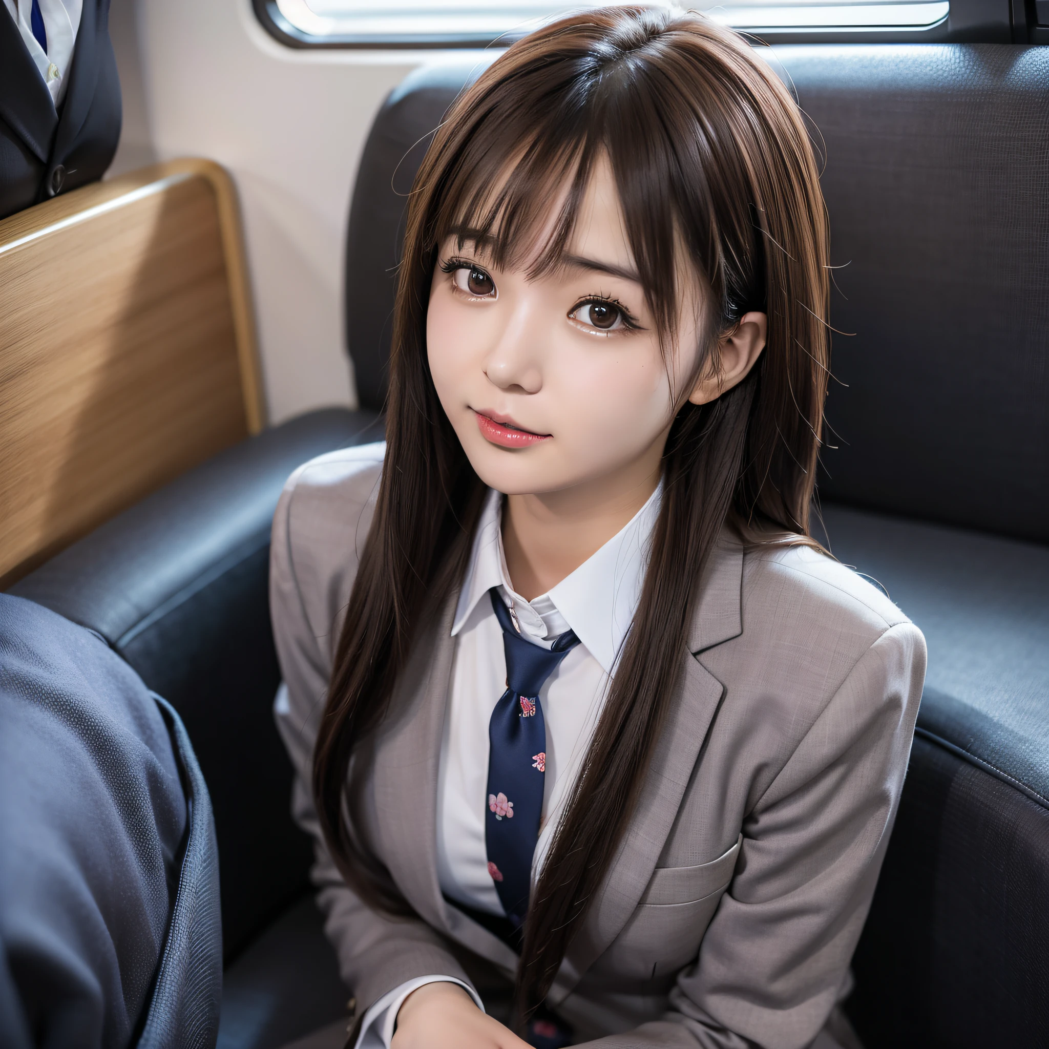 arafed asian woman in a suit and tie sitting on a train, brown hair, japanese girl school uniform, japanese school uniform, wearing japanese school uniform, a hyperrealistic student, girl wearing uniform, hyperrealistic student, cute student, realistic student, beautiful high school anime girl, seifuku, wearing school uniform, wearing a school uniform, otters,