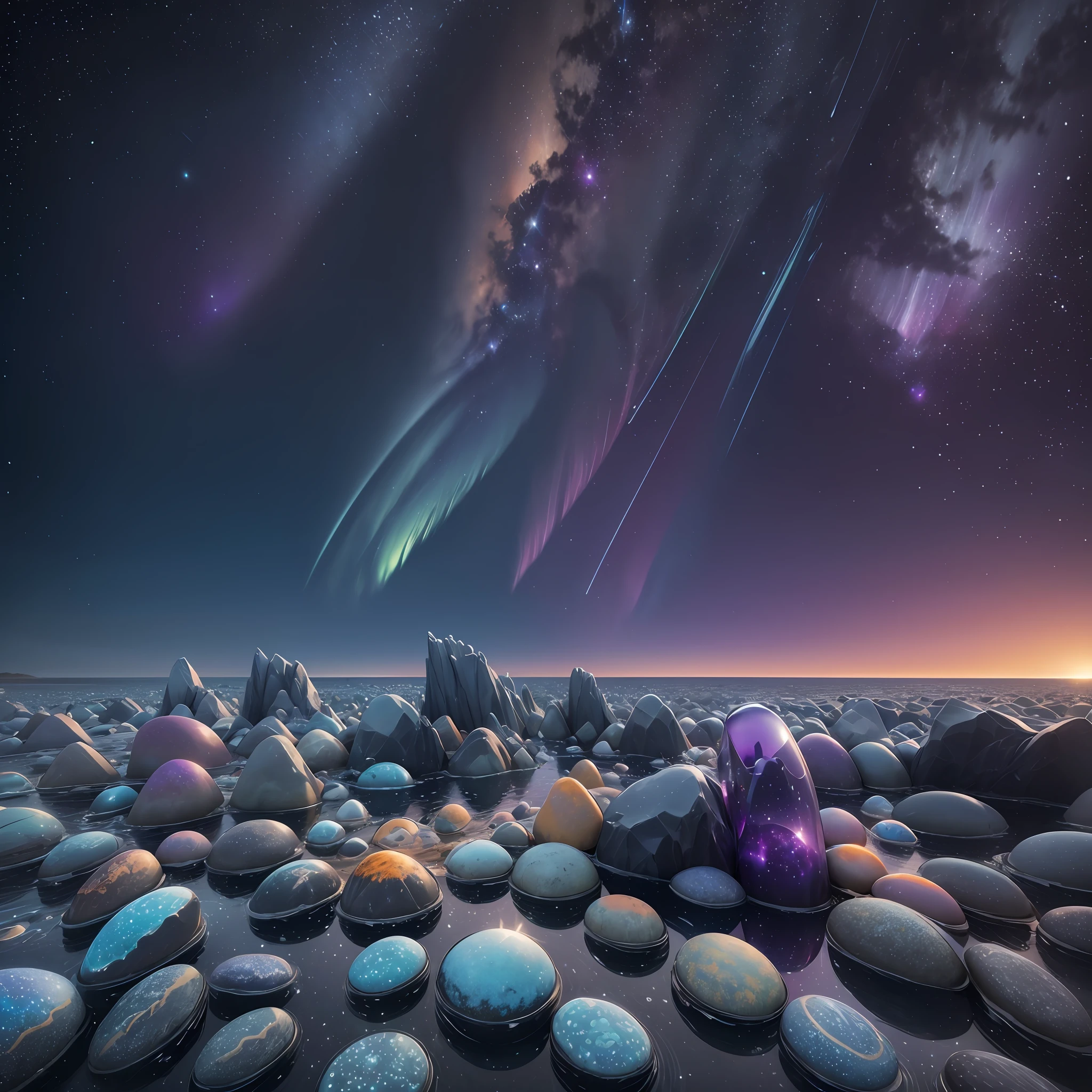 Computer graffika, realistic fantasy, ultra-landscape, colorful landscape, three-dimensional colorful drawing, ultra-current, ultra-detailed, the world inside the bottle, the bottle is transparent, inside it is the universe, inside the ocean (ultradetalized), shore (ultradetalized), erupting volcano (ultradetalized), full moon (ultradetalized), starry sky (ultradetalized), meteor shower (ultradetalized), outside stones, night, northern lights, magic, Gloomy, bright colors, blue, purple, orange, 7kk --auto --s2