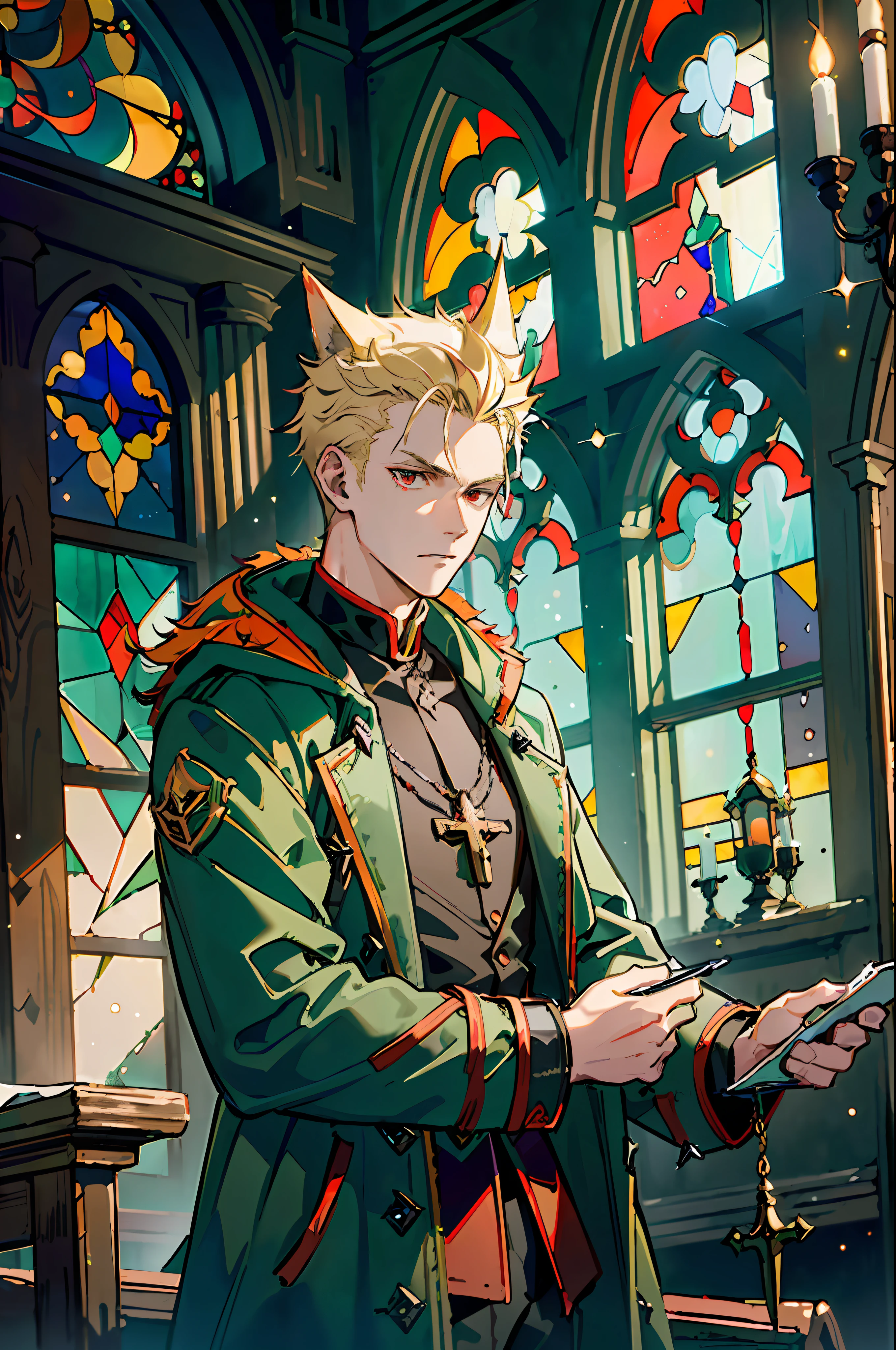 ((Masterpiece: 1.4, Best Quality)), (Short Blonde), (Spiked Hair), Red Eyes,( green coat:1.3),wolf ears and tail, (Church: 1.2), (Stained Glass: 1.3), One Young Man, Handsome, Pillar, Sky Cover, (Light particles), (Moonlight shining through the window),  Halloween, gentle atmosphere