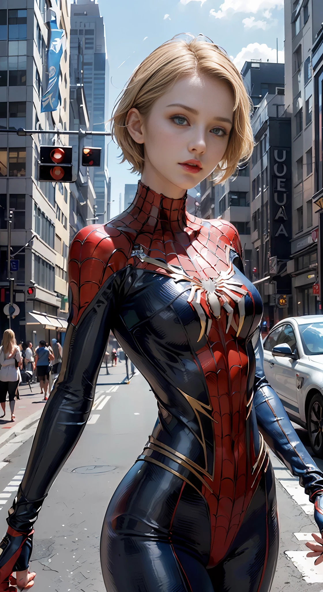 (1girl: 1.3), solo, (((extremely detailed face))),(((extremely detailed face and eyes)),beautiful detailed eyes, body-parts__, official art, 8k unified wallpaper, super detailed, beautiful and aesthetic, beautiful, masterpiece, best quality, raw, masterpiece, super thin photo, best quality, super high resolution, photorealistic realism, sunlight, full body portrait, amazing beauty, short blonde haircut, dynamic pose, delicate face, vibrant blue eyes, (from the front), she is wearing a spiderman costume, cosplay, spiderman, red, blue and black color scheme, spider, top of a skyscraper building, very detailed, detailed face, detailed complex busy background, messy, beautiful, milky white, highly detailed skin, realistic skin details, visible pores, sharp focus, volumetric mist, 8k uhd, DSLR, high quality, film grain, fair skin, photorealism, Lomography, Huge Metropolis in Future Dystopia, View from Below, Translucent