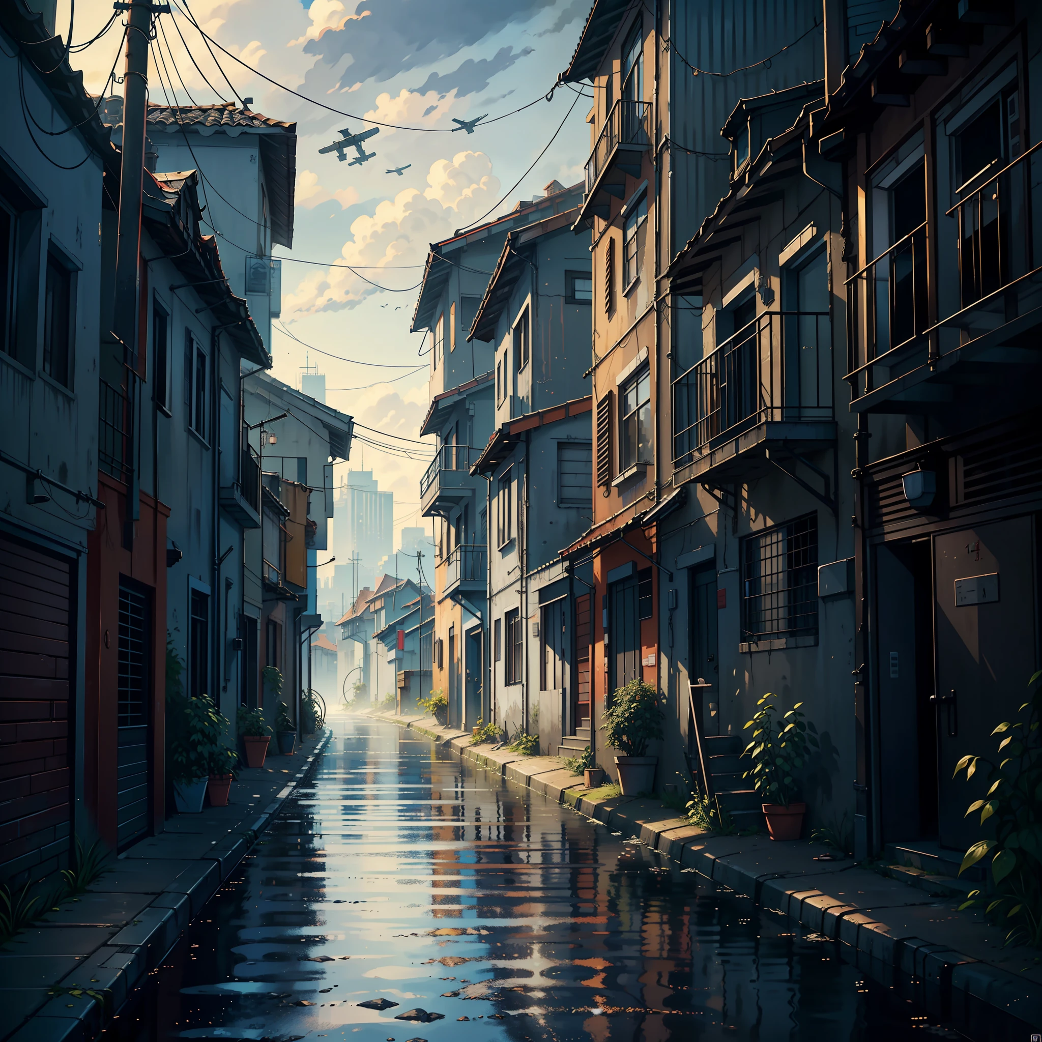 ((realistic: 1.5)),((best quality)), ((masterpiece)),((detailed)), scenery, poor city, sewers, poverty, grey sky, dirt