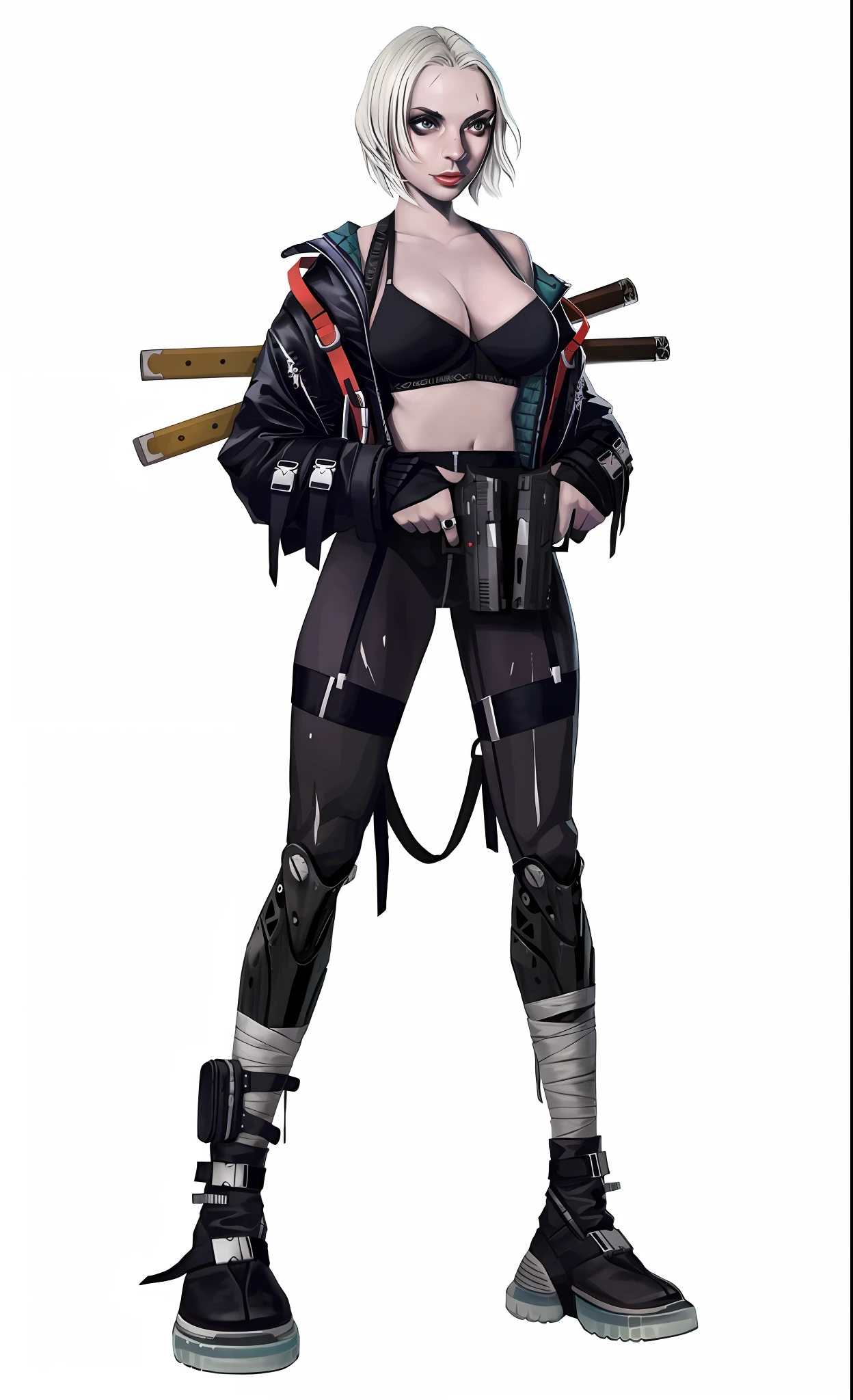 a close up of a person with a gun and a helmet, katana zero video game character, portrait ninja gaiden girl, harley quinn standing, katanas strapped to her back, cyberpunk femme fatale, cyberpunk angry gorgeous goddess, black canary, shadowrun character art, cyberpunk 2 0 y. o model girl, full body x-force outfit