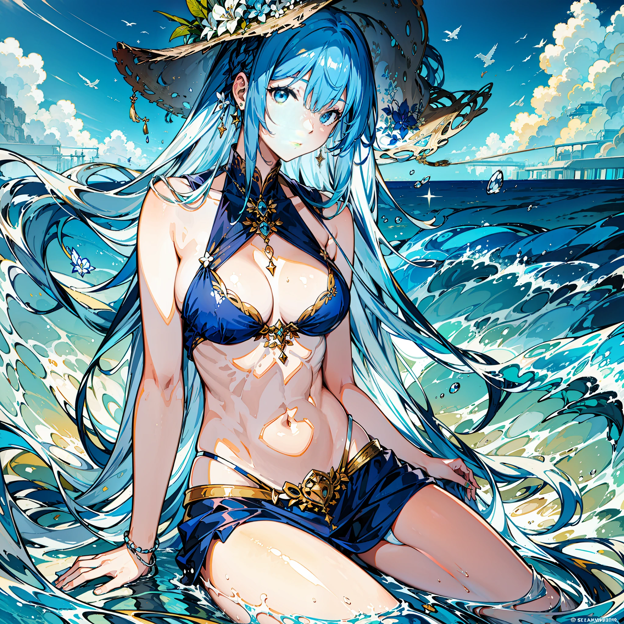 woman, stylish, light blue hair, long hair, white bikini, sea, wet, sand, sleeping