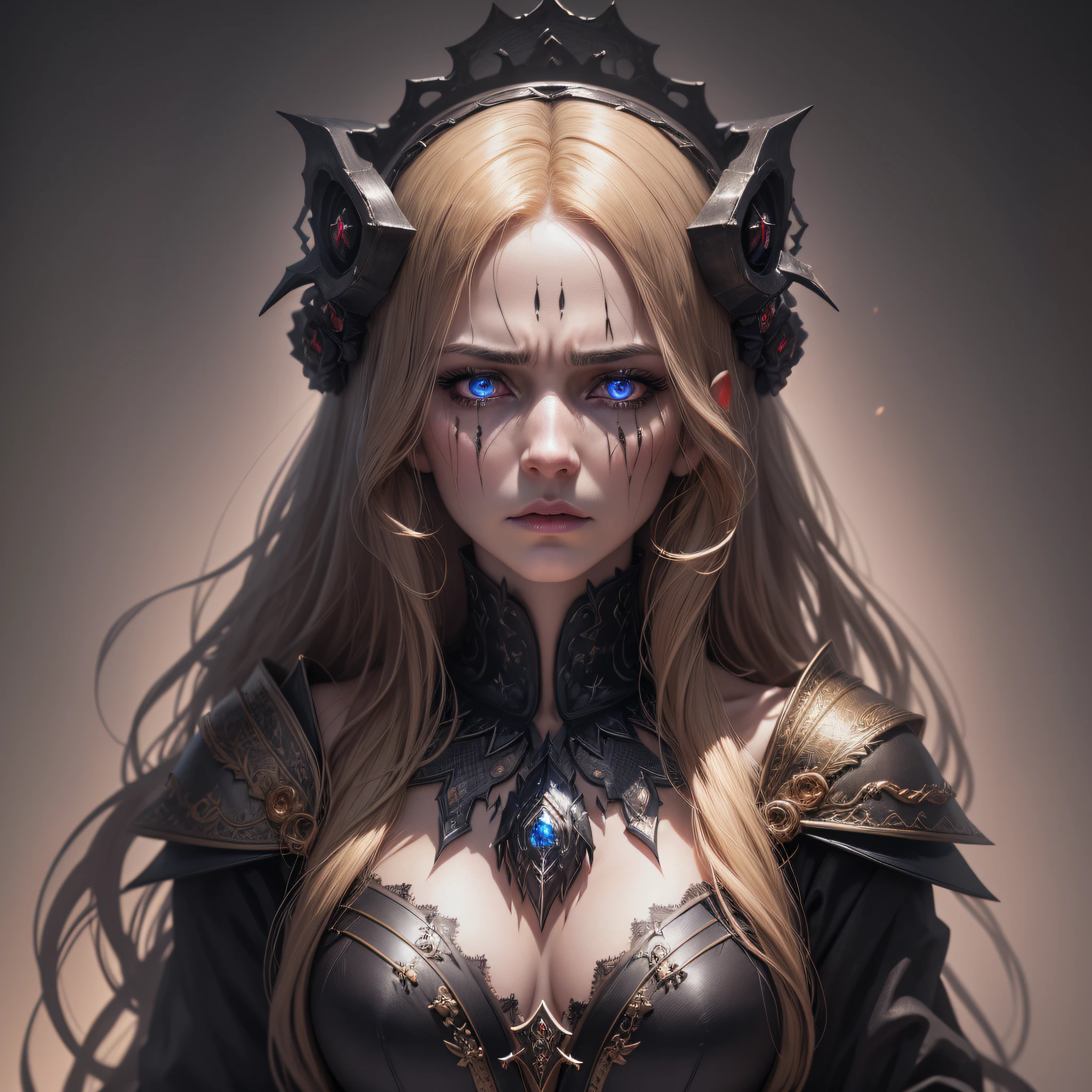 best quality, ultra-detailed, highest resolution, cinematic lighting, fantasy story inspired by the queen of pain, epic, detailed, dark and beautiful, deep dark atmosphere, lonely woman in the center, expression on face expresses sadness, sad eyes, golden hair, macabre and dark scenery --auto --s2