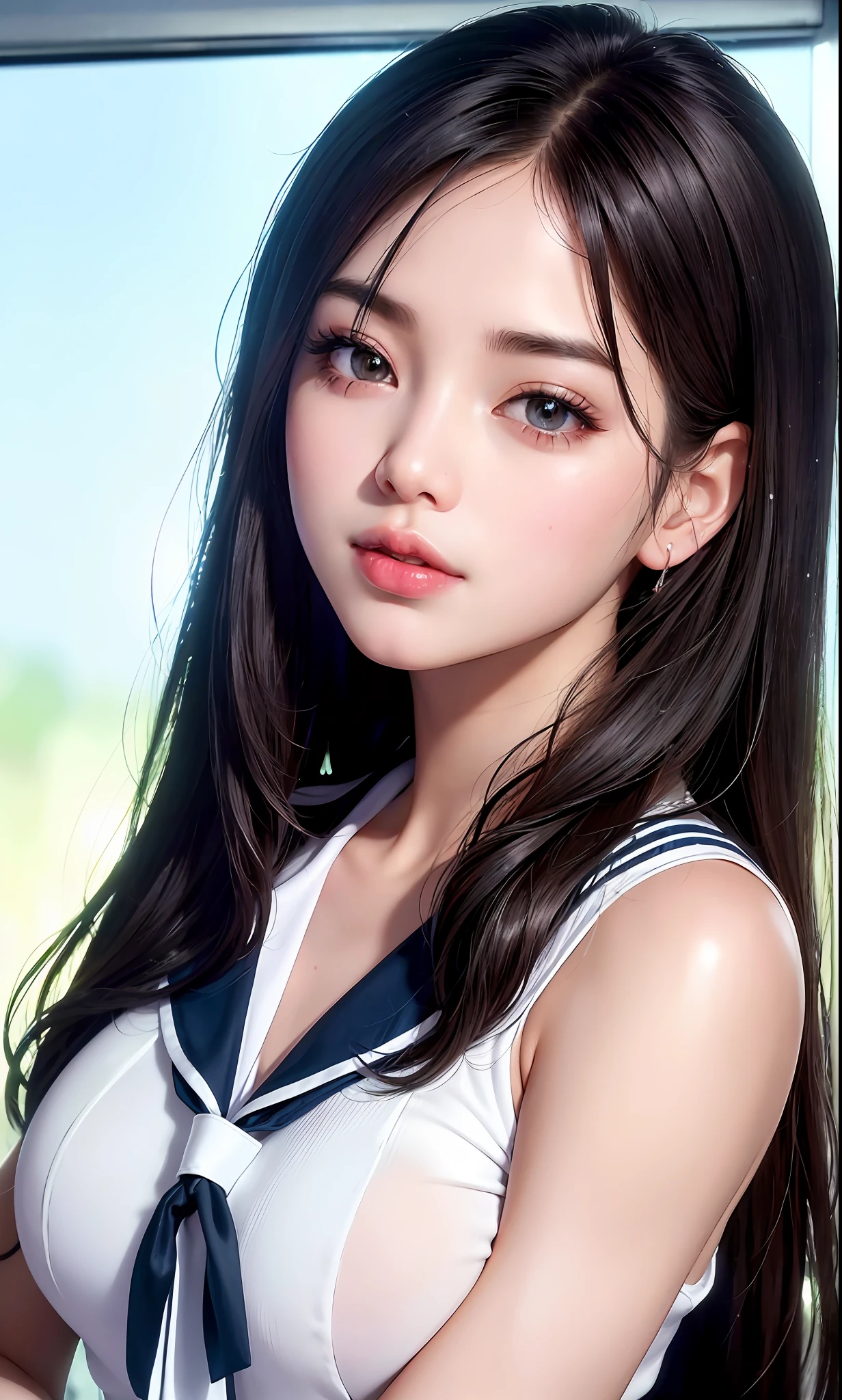 (8k, RAW photo, photorealistic:1.25) ,( lipgloss, eyelashes, gloss-face, glossy skin, best quality, ultra highres, depth of field, chromatic aberration, caustics, Broad lighting, natural shading,Kpop idol) looking at viewer with a serene and goddess-like happiness, highschool classroom, sailor uniform, mini skirt