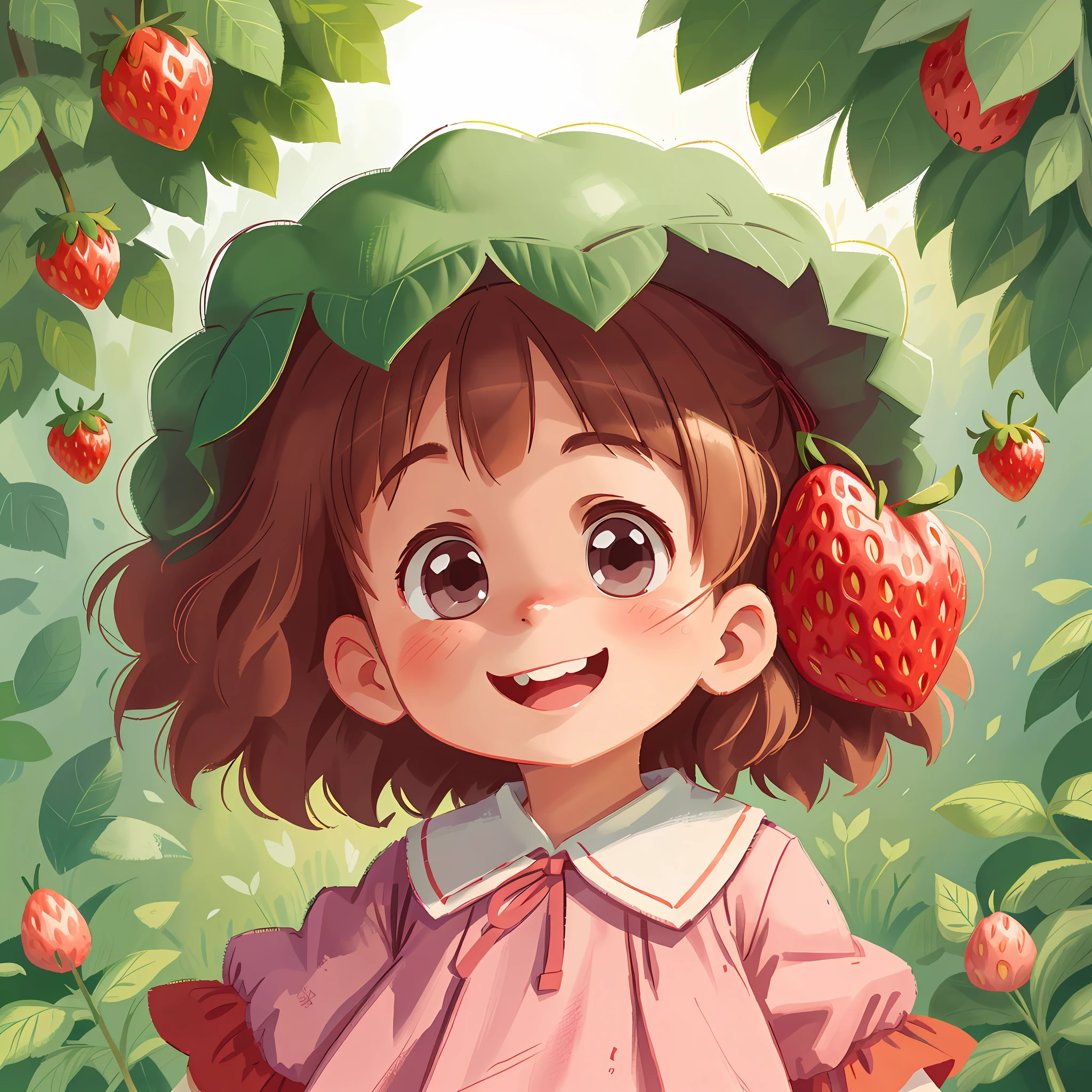 Happy girl. Bucolic style. Women's children's clothing. Smooth color. Simple art. Ghibli studio style. Strawberry character style.