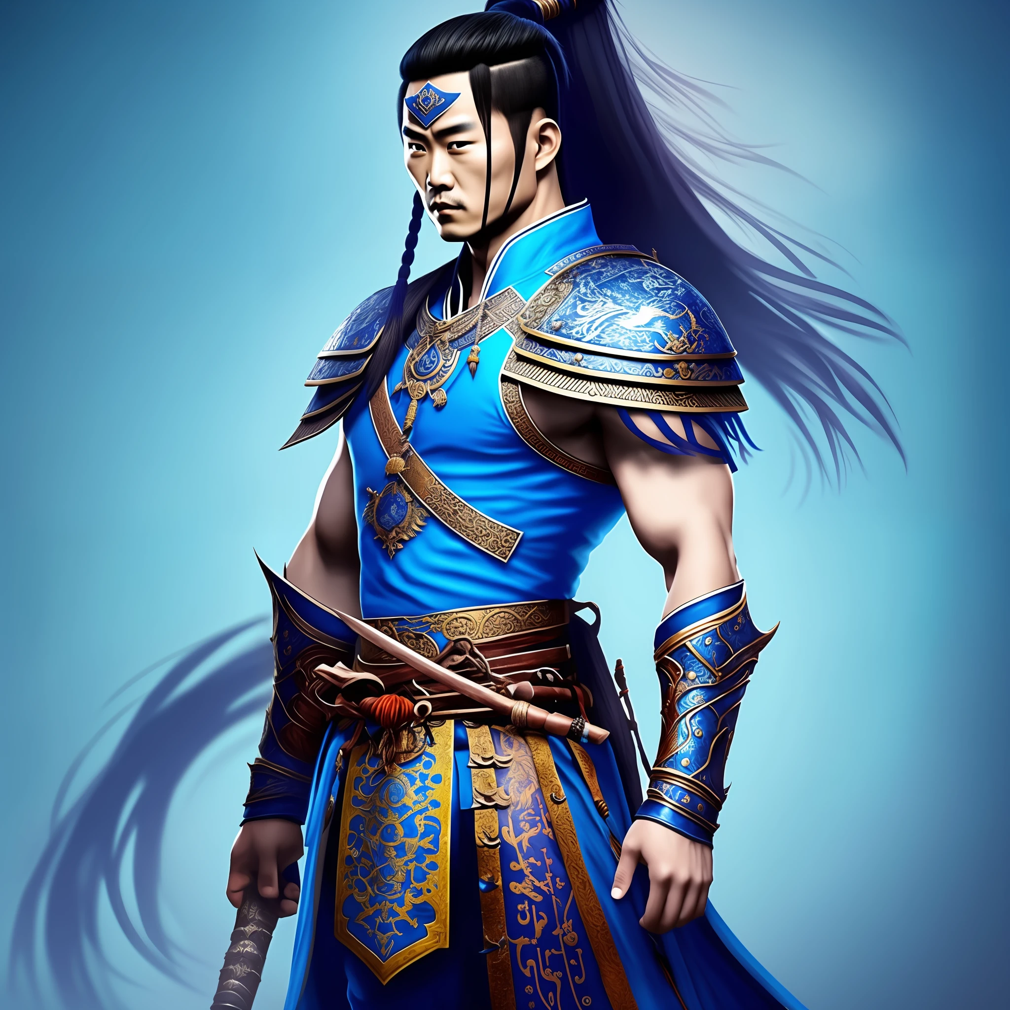 create warrior style chinese warrior with blue clothes with dark tones, with the symbol of aquarius on his clothing, very beautiful with long hair stuck like ponytail --auto --s2