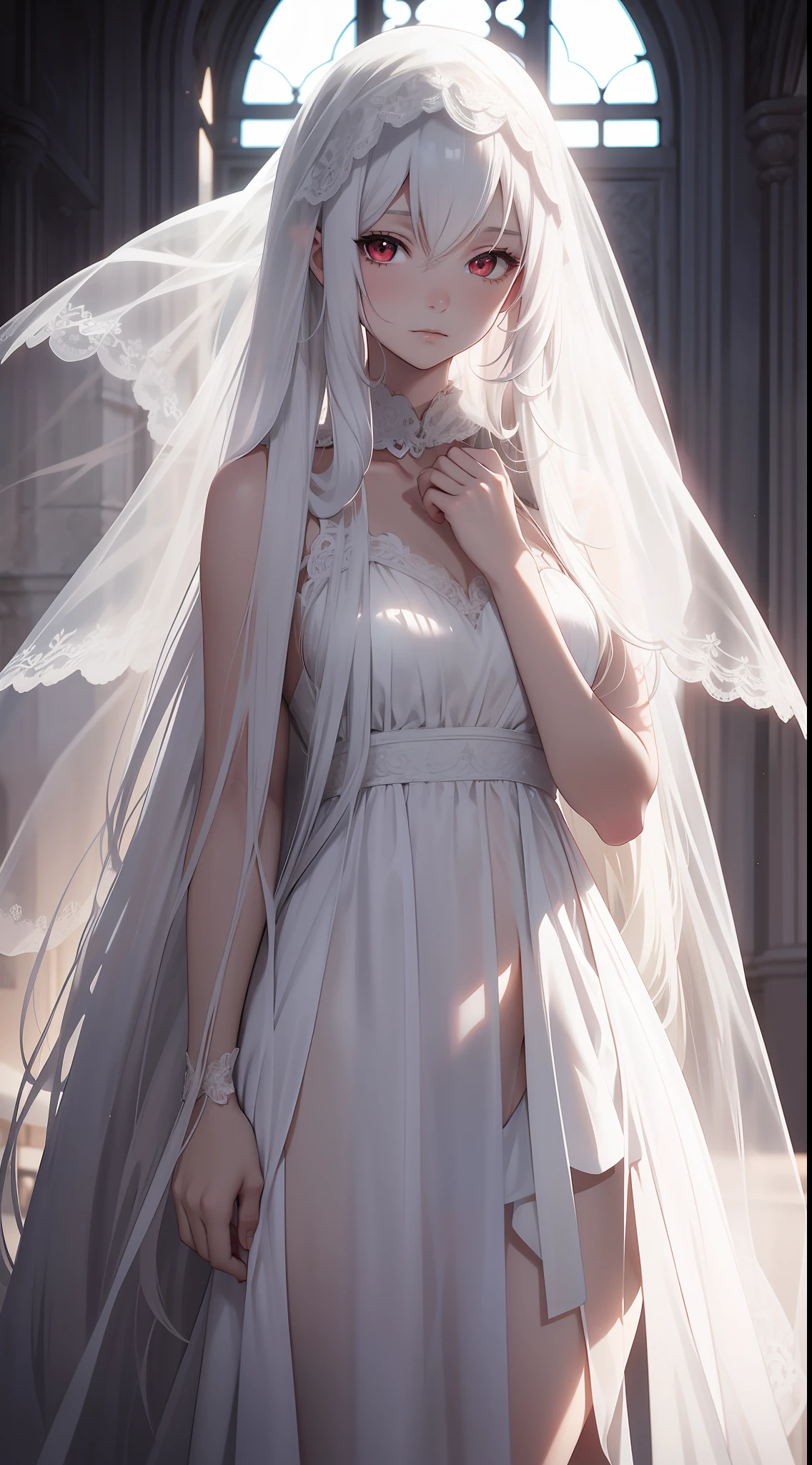 Young girl, long white hair, sloppy hair, red eyes, pale skin, white open dress, translucent dress, veil, masterpiece, high quality