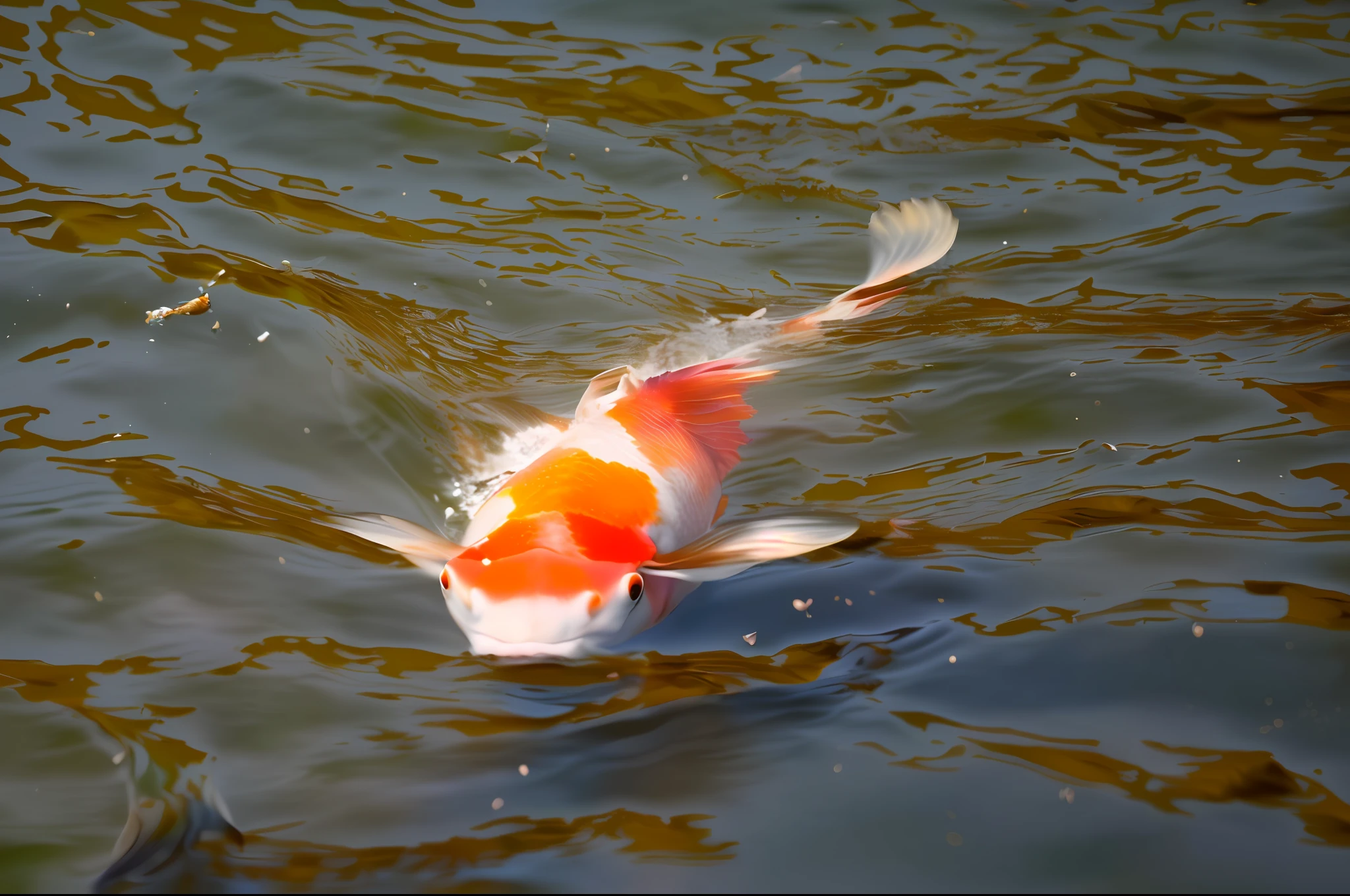 ((best quality, 8k, masterpiece, photo)), fish swimming in the water, floating carp, carp, carp, fish swimming, floating goldfish, carp fish, swimming fish, carp color, photo shows big carp fish floating in space, swimming fish, swimming small fish, bull net floating around, fish tail, close-up photo, shot with Canon EOS 5D Mark IV, shot with Sony A7R camera