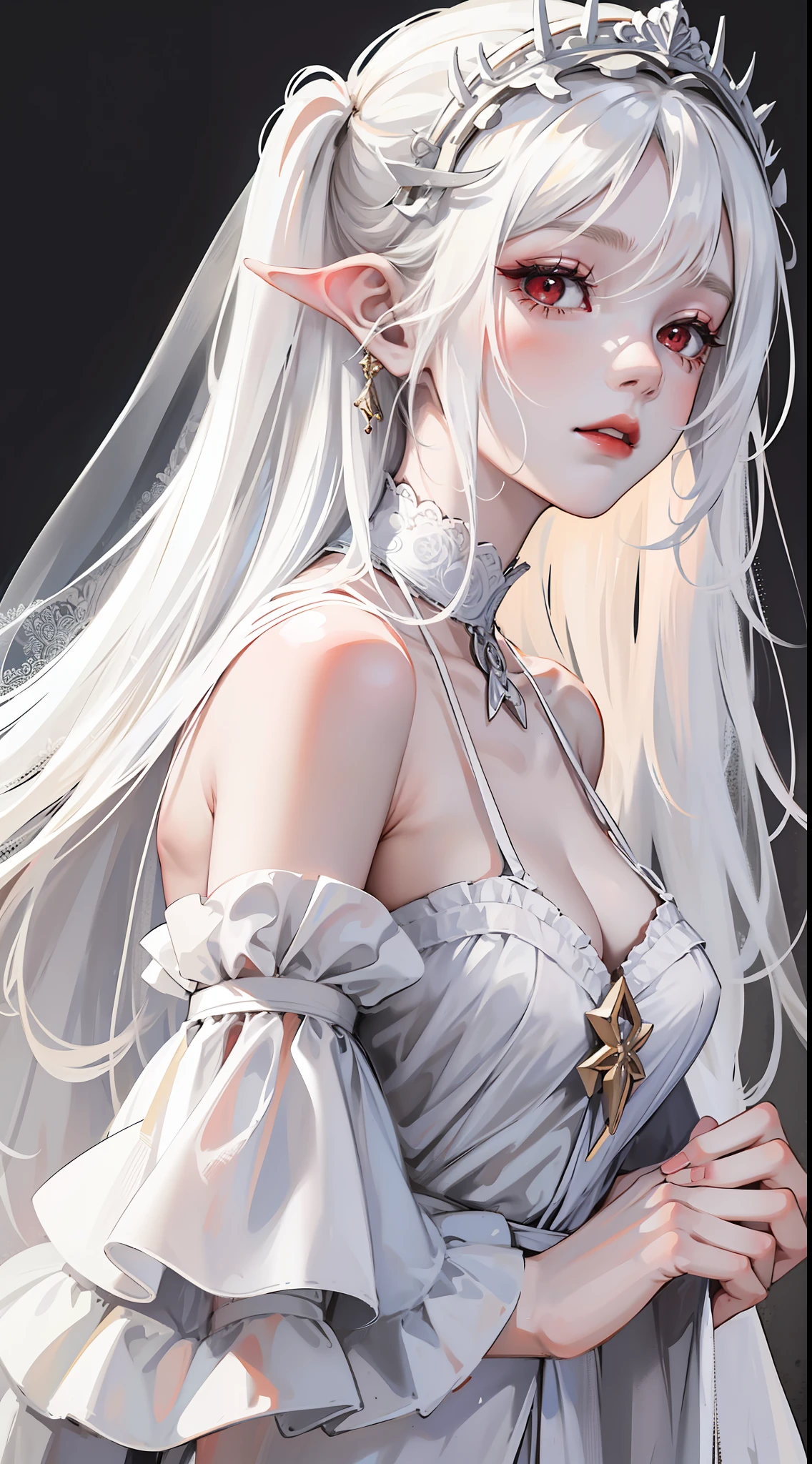 Young girl, long white hair, sloppy hair, red eyes, pale skin, white open dress, translucent dress, veil, masterpiece, high quality