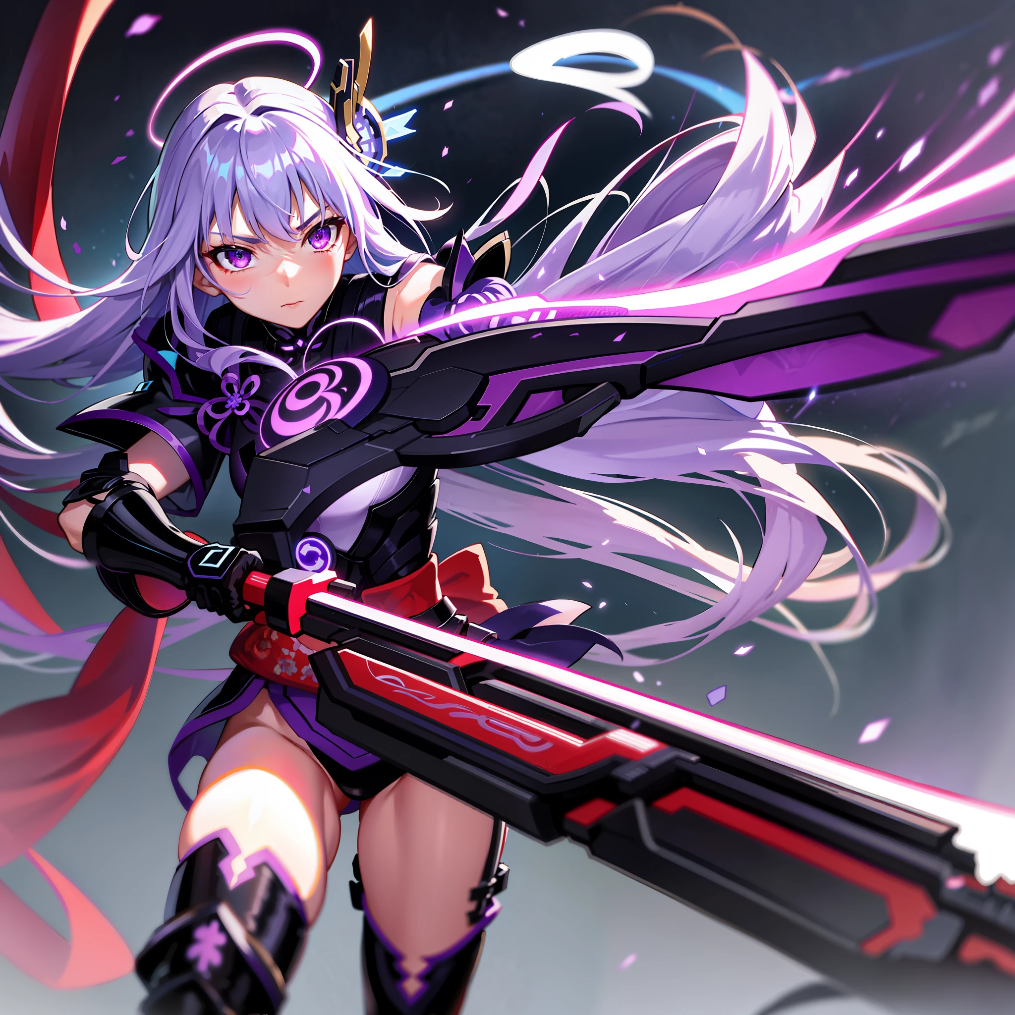 raiden shogun, 1girl, storm, masterpiece, best quality, long hair,purple hair, gloves,purple eyes, thighhighs, holding holding sword, detached sleeves, black gloves, japanese armor, kimono, lightning, halo, neon wings