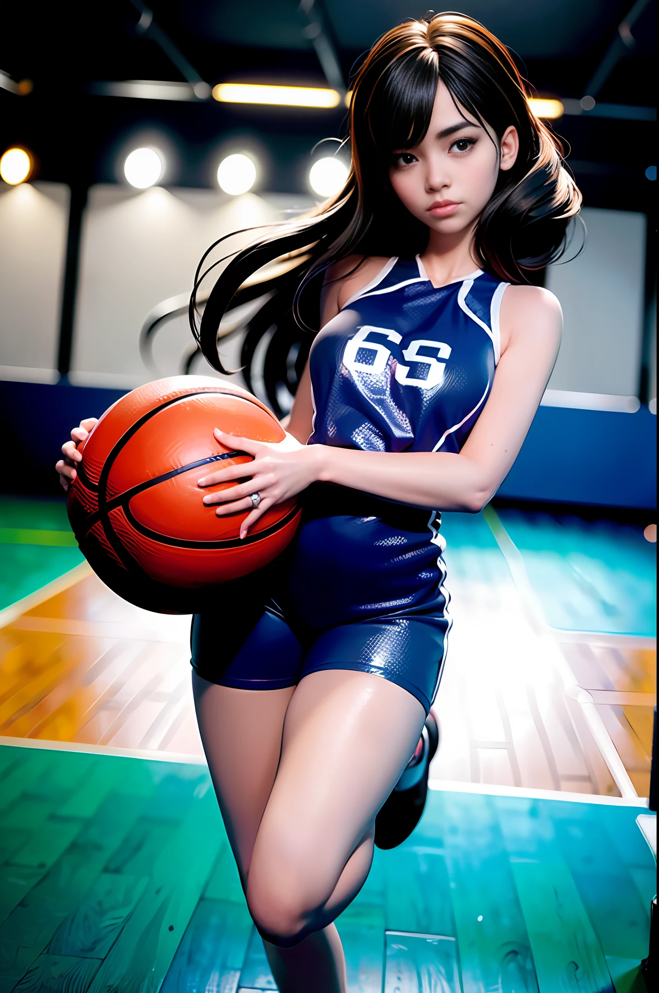 (8k, Best Quality, Masterpiece: 1.2), (Realistic, Realistic: 1.37), Ultra Detailed, Best Quality, Ultra High Resolution, Professional Lighting, Photon Mapping, Radiosity, Physically Based Rendering, Cinematic Lighting, Basketball court, depth of field, clear focus, sunlight, good composition, (bokeh: 1.2) 1girl, solo, (full body), (closed mouth), beautiful and detailed eyes, pose, narrow waist, basketball uniform, black hair , messy hair, long hair blowing in the wind, (ulzzang-6500:1.2) mix4, hiqcgbody