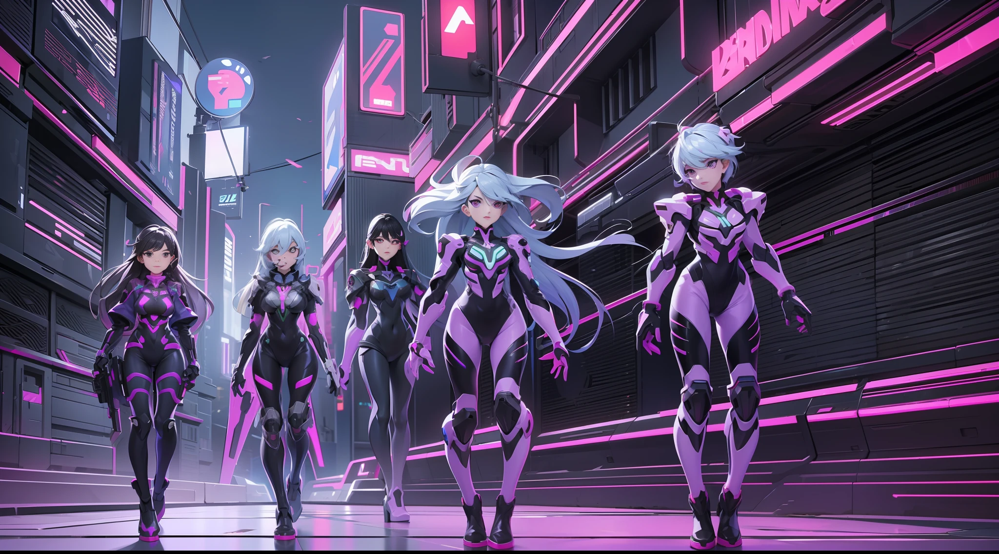 full body picture Unreal Engine 5 8K UHD of a squad of beautiful women, random hair style style, wearing Evangelion black plug suit, half face cyberpunk mask, electric violet neon light details, cyberpunk city, patrolling the city, best quality, masterpiece