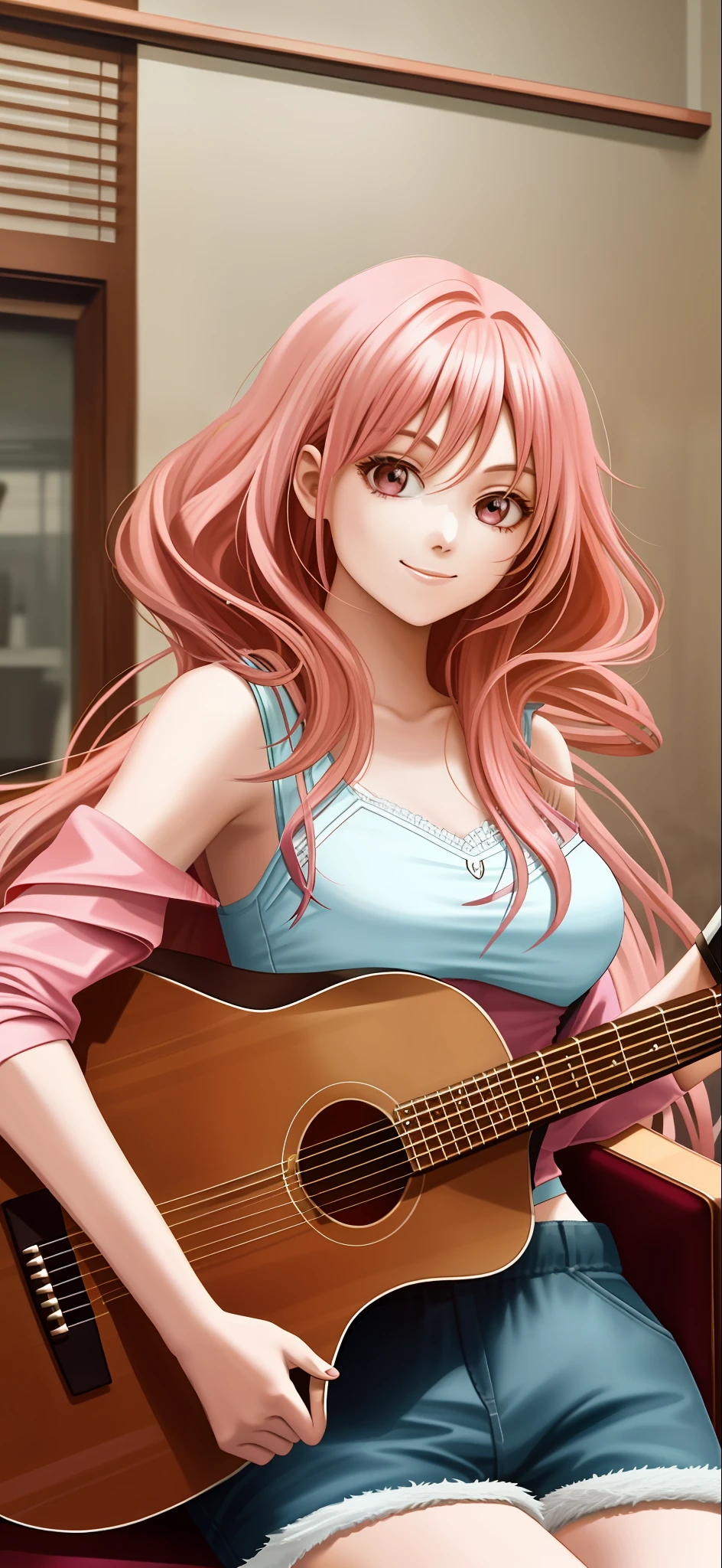 1woman, indoor, pink hair, long hair, acousticguitar, smile, chair, white brassiere, upper body, shorts, sexy