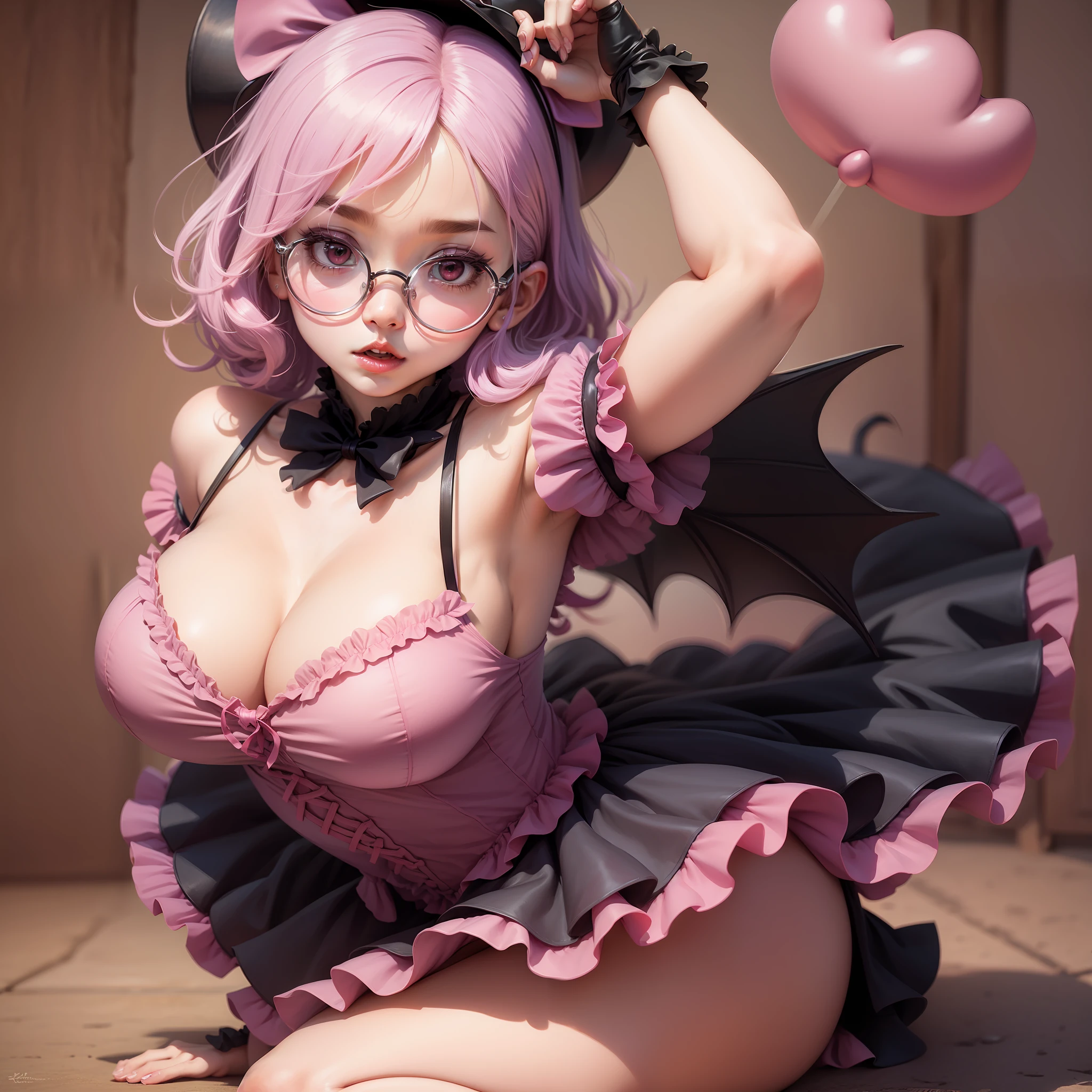 Sanrio Chara, Witch, Round Glasses, Female, Cute, Big Breasts, Chest Ruffles, Succubus, Pink Ruffles, POP, Lilith, Toon --auto --s2