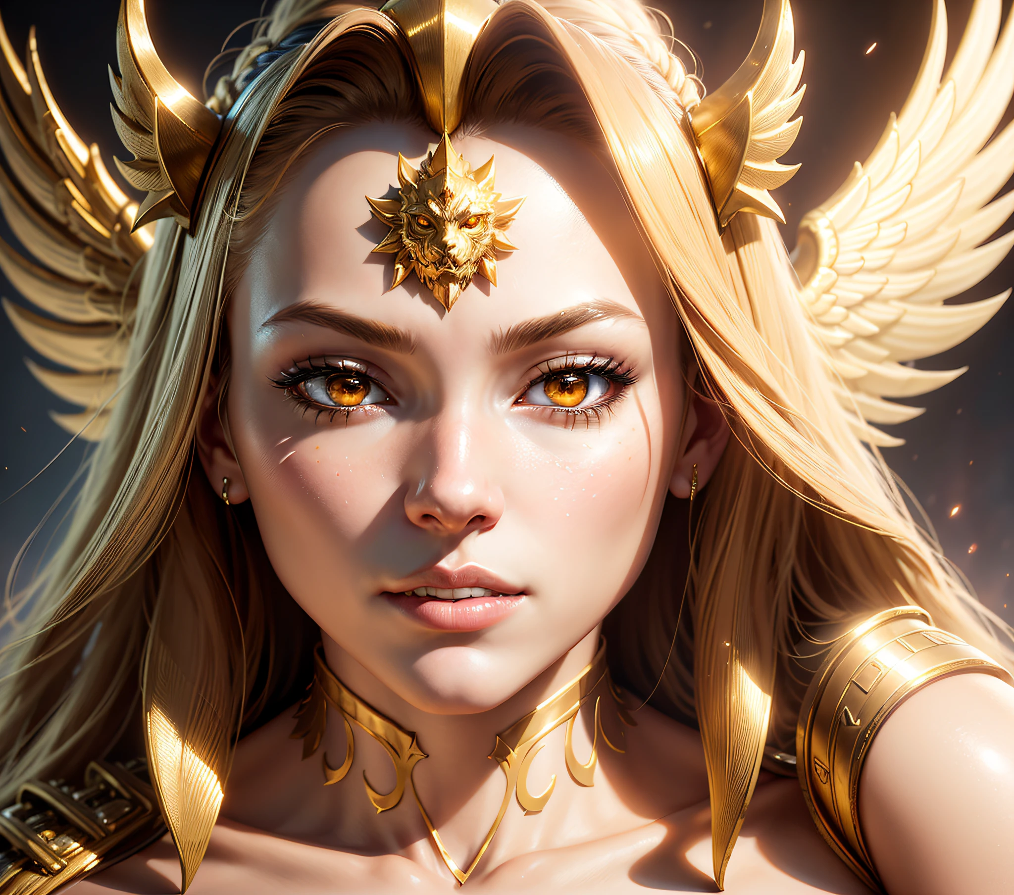 a close up of a woman with a gold angel costume and a golden wolf mask hanging on the side of the head, close up character, artgerm ; 3d unreal engine, 8k character details, character close up, character close-up, unreal engine render + a goddess, hyperdetailed fantasy character, , with very highly detailed face