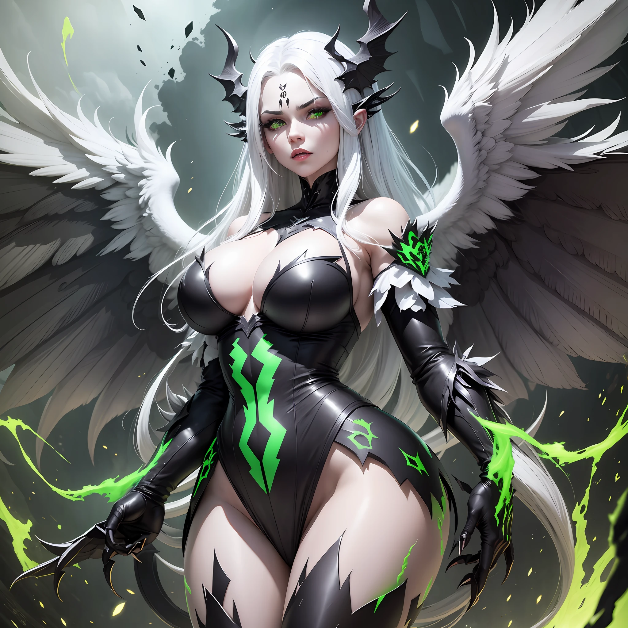 A monster woman with black clothes, large and full breasts, white hair dark gray skin, green eyes, large white wings with green tips, with large claws in her hands. All this in 8k --auto --s2