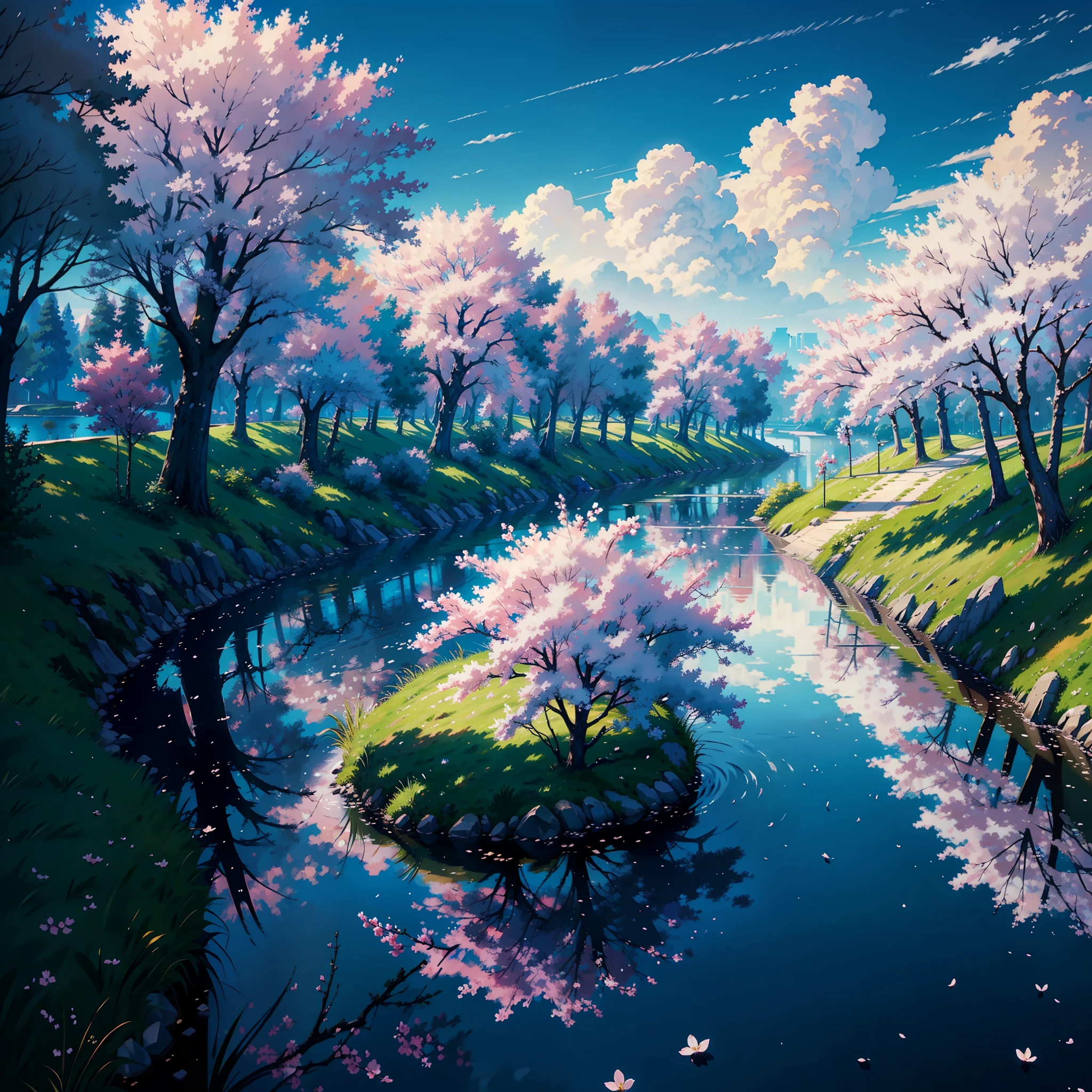 ((realistic: 1.5)),((best quality)), ((masterpiece)),((detailed)), scenery, big city, large rivers running through the city, cherry trees, late afternoon, clouds, volumetric lighting,