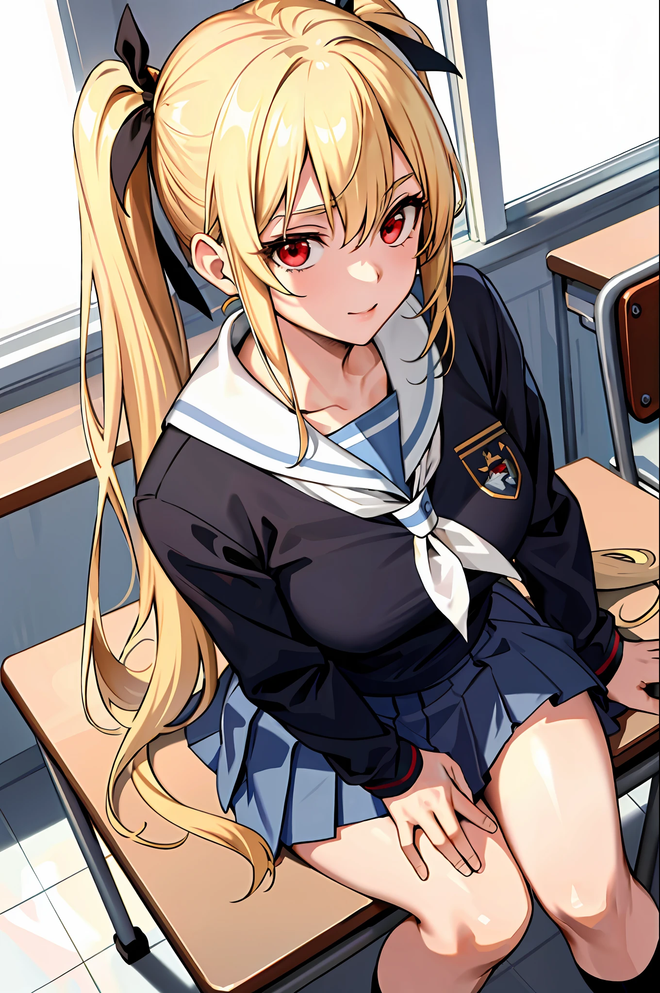 (masterpiece:1.2, best quality), 1lady, solo, school uniform, classroom, day, sit, blonde, twintails, red eyes, open collabone, gyaru, open chest