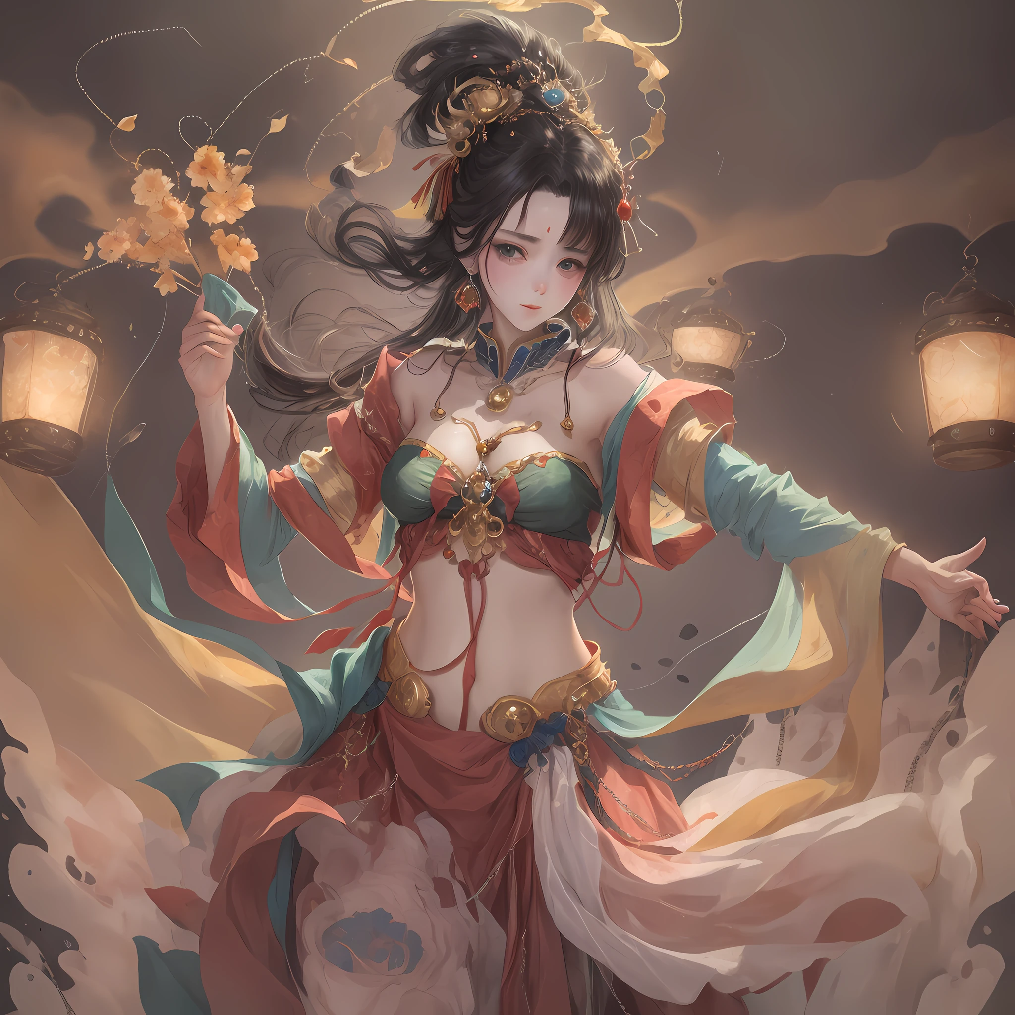 A beautiful girl dressed in an Indian dancer's costume dances an Indian dance in the center of the stage, Do not deform your hands, Dutch Golden Age painting, cinematic lighting, chiaroscuro, ray tracing, masterpiece, UHD --auto --s2