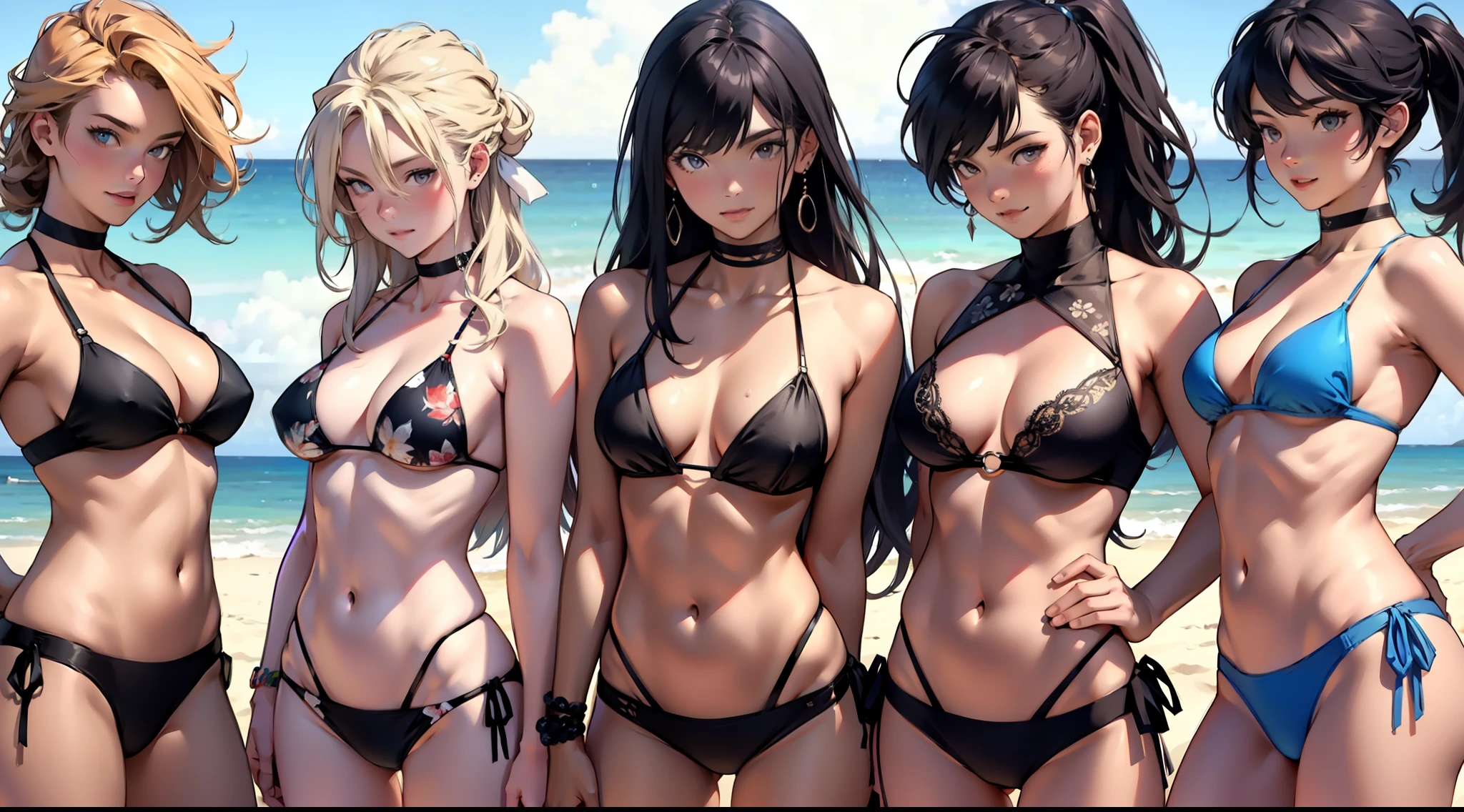 A group of beauties, bikinis, sexy, seaside, sun, sand