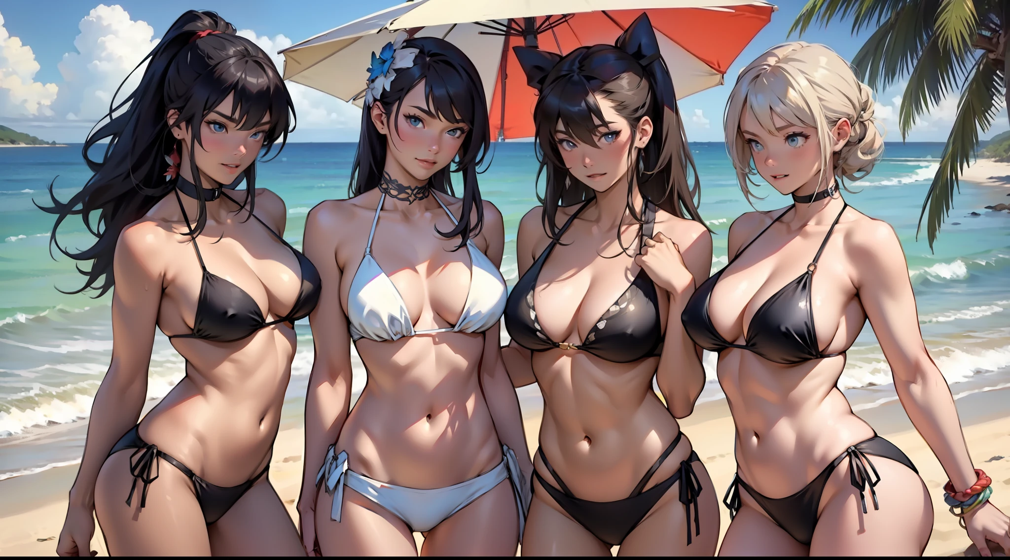 A group of beauties, bikinis, sexy, seaside, sun, sand