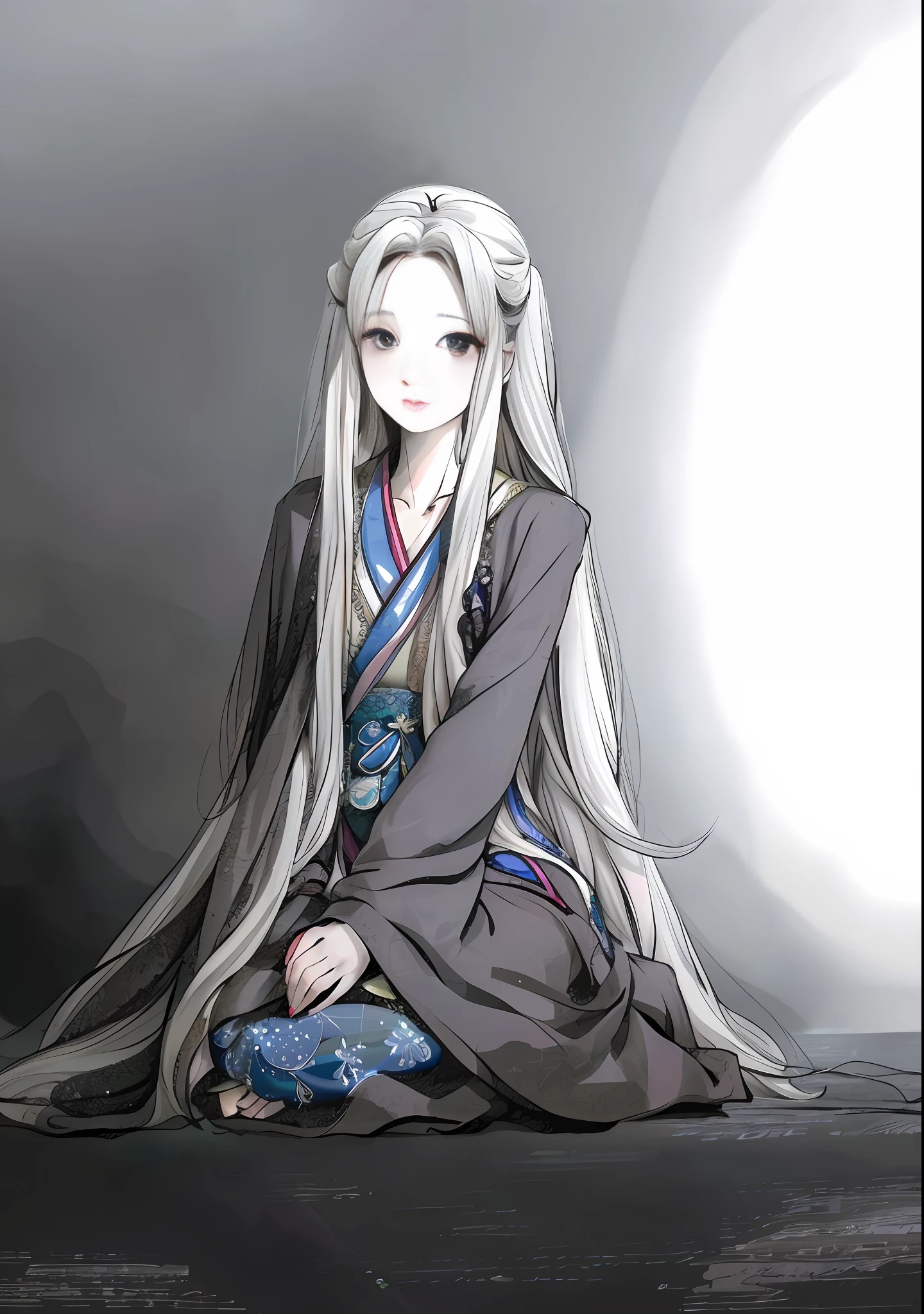Image of a woman sitting on a blanket in a dark room, wearing a long-haired cape, flowing hair and robes, long white hair, long white hair, inspired by INO, inspired by Amano, long-haired anime girl, manga style, long-haired humanoid Fursona, highest quality, 8k, super high definition, Nezuko, color sketch, inspired by Du Qiong, Nezuko-chan, by Fan Qi, high-quality color sketch, beautiful character painting, inspired by Han Gan, inspired by Chu Derun, inspired by Ju Lian