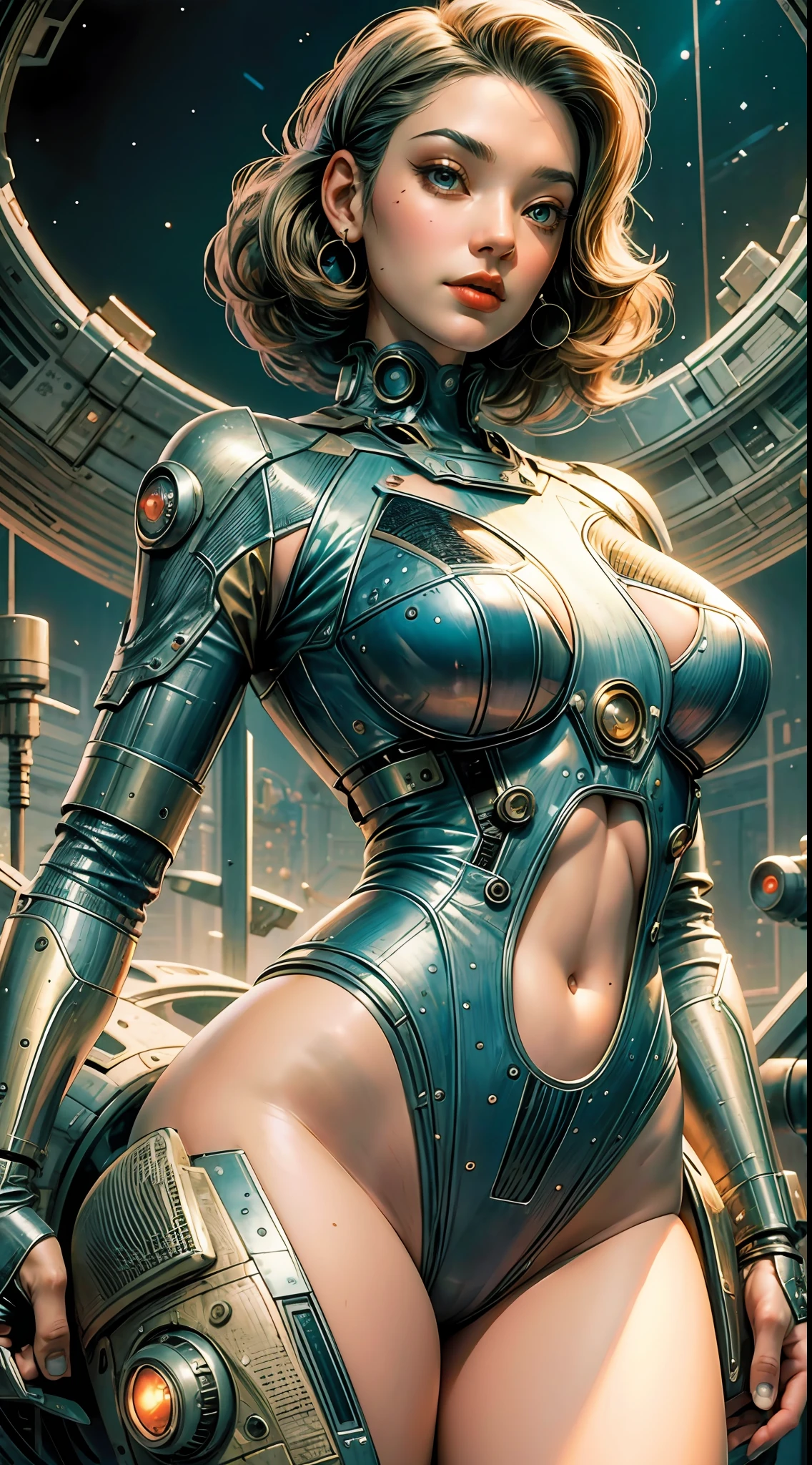 vintage scifi, 1girl with vintage sexy scifi clothes, art by Don Lawrence