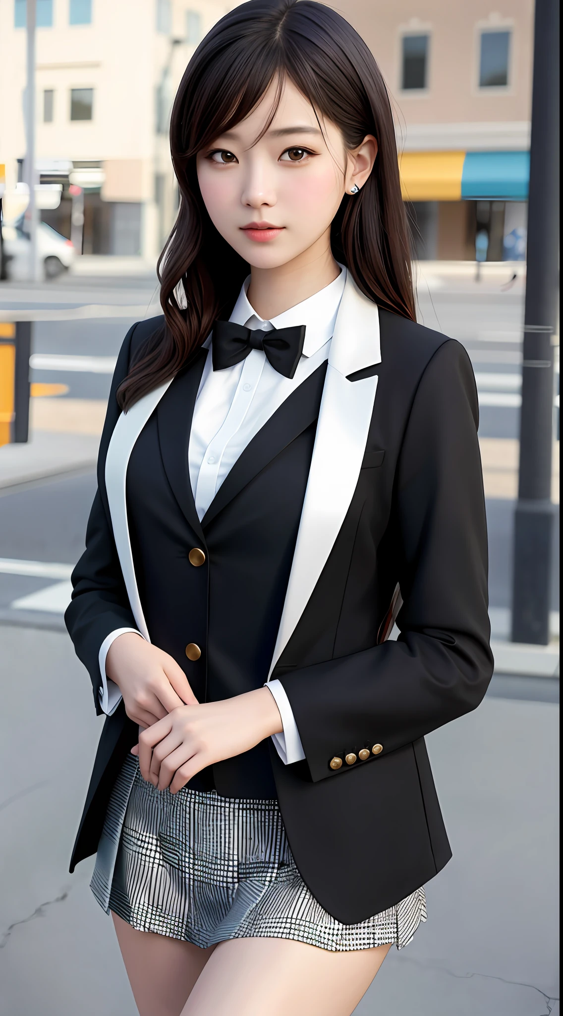 best quality, masterpiece, 1girl, Beautiful face, (photo realistic:1.3), rim lighting, (high detailed skin:1.2), 8k uhd, dslr, high quality, high resolution, 4k, 8k, Bokeh, absurdres, best ratio four finger and one thumb, (realistic:1.3), ulzzang, cute kawaii 1girl, wearing black formal blazer, medium breasts, short skirt,