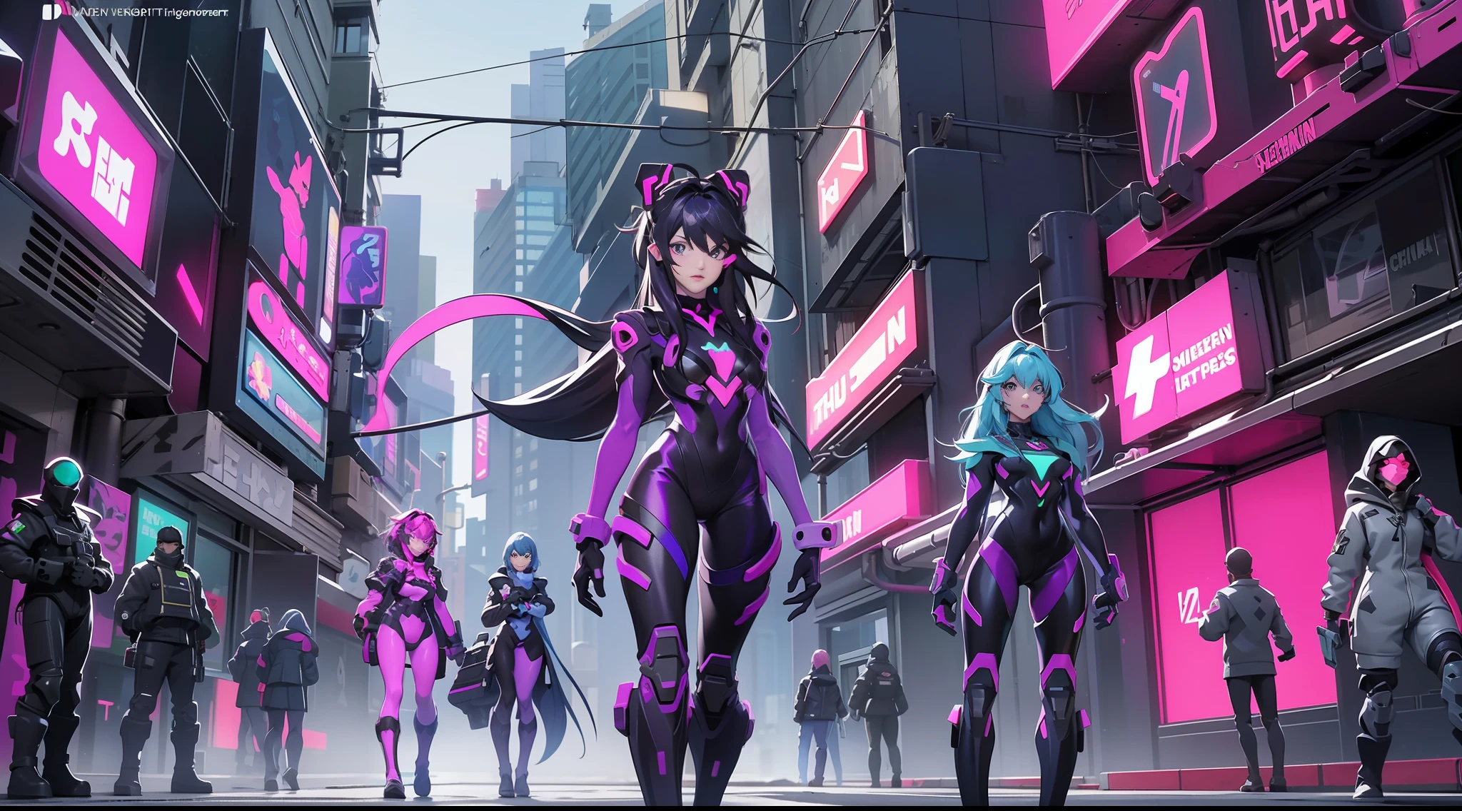 full body picture Unreal Engine 5 8K UHD of a squad of beautiful women, random hair style style, wearing Evangelion black plug suit, half face cyberpunk mask, electric violet neon light details, cyberpunk city, equipping futuristic guns patrolling the city, best quality, masterpiece