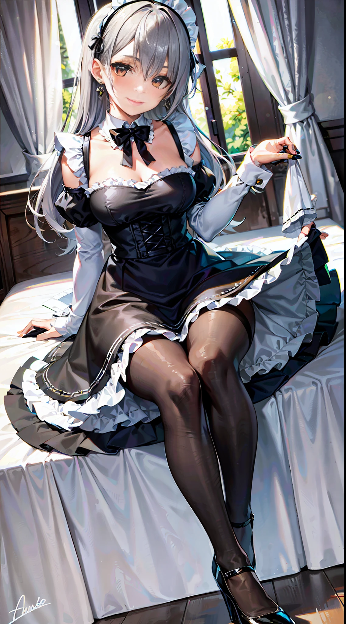 Painted smoky makeup, eye shadow, maid girl, lush silver hair, wearing hair accessories and earrings, sweet smile. She wore a maid skirt, a wool shawl, pantyhose, high heels, lace gloves. The scene is random.