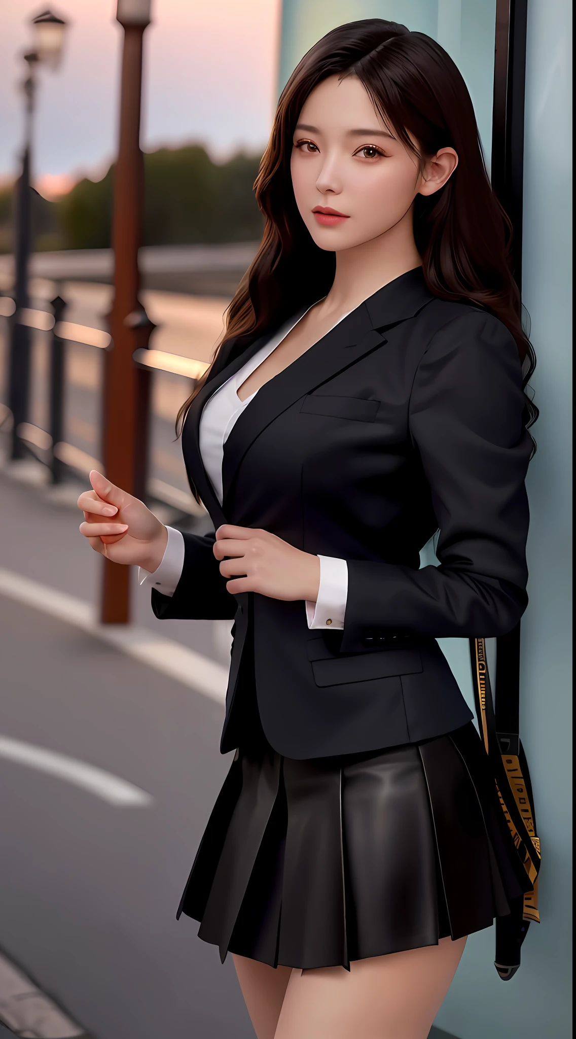 best quality, masterpiece, 1girl, Beautiful face, (photo realistic:1.3), rim lighting, (high detailed skin:1.2), 8k uhd, dslr, high quality, high resolution, 4k, 8k, Bokeh, absurdres, best ratio four finger and one thumb, (realistic:1.3), cute 1girl, wearing black formal blazer, medium breasts, short skirt,