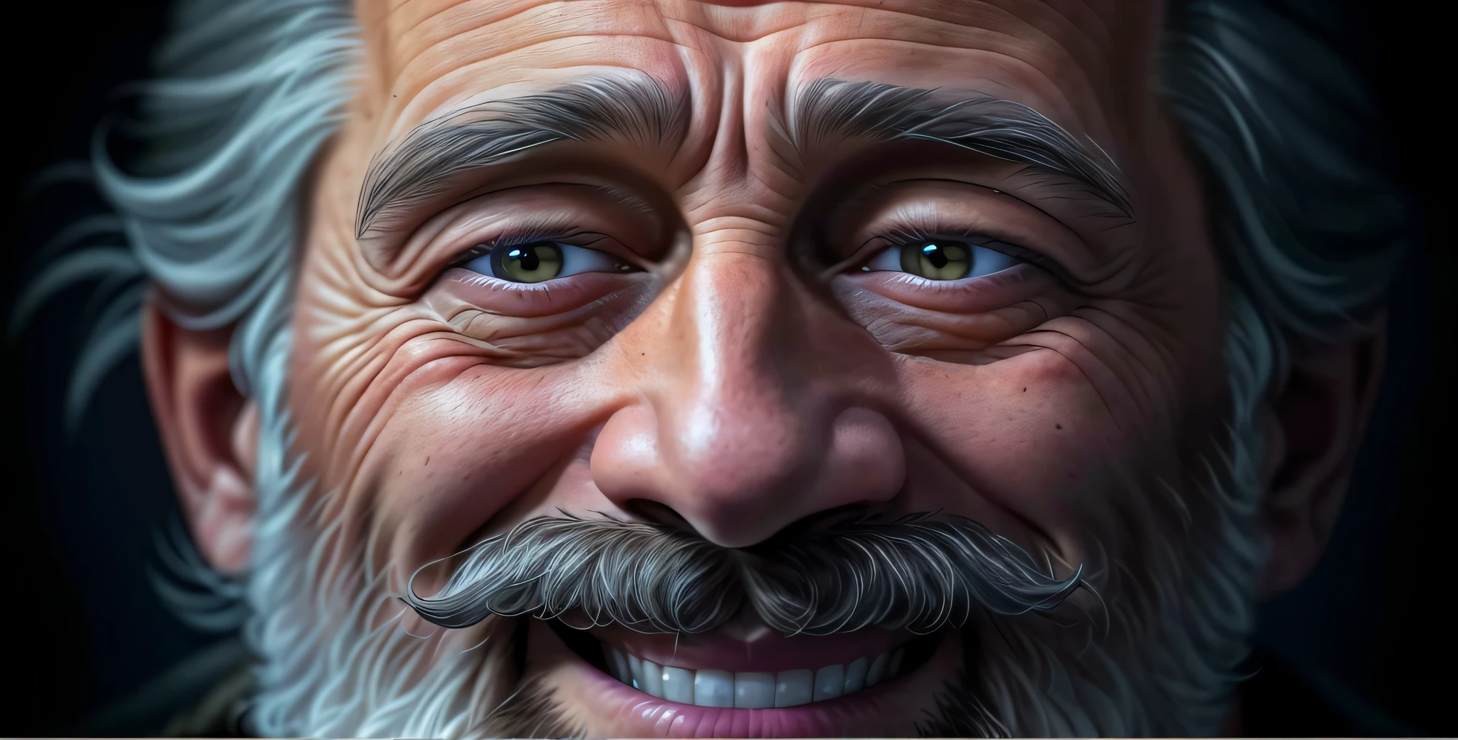 a close up of a man with a beard and a smile, ultra detailed portrait, highly detailed vfx portrait, hyperrealistic faces, photorealistic faces, hyper realistic faces, ultra - realistic faces, photorealistic facial features, hyper realistic face, super realistic facial features, hyperrealistic face, photorealistic face, hyper realistic digital painting, extremely realistic faces, ultra realistic digital painting