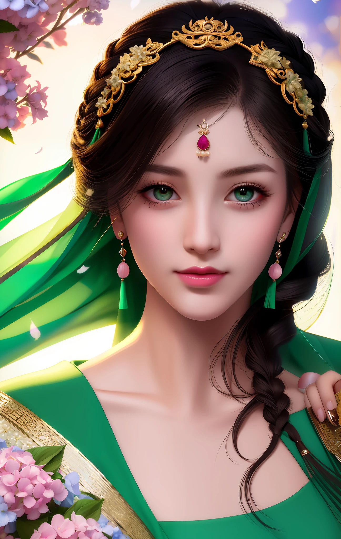 Excellent, Masterpiece, Night, Full Moon, 1 Female, Mature Woman, Chinese Style, Ancient Chinese, Sister, Royal Sister, Smile, Dark Brown Hair, Black Hair, Princess Scissors, Twist Braid, Curly Hair, Double Ball Head, Light Pink Lips, Calm, Intellectual, Medium Hair, Green Eyes, Hair Card, Hydrangea Flowers, Delicate Face, Face Close-up, Hand Close-up, Green Clothes, Beauty, Realistic, Edge Light, Two-tone Light, (High Detail Skin: 1.2), 8K UHD, DSLR, Soft Light, High Quality, Volume Light, Photos, High Resolution, 4K, 8k, bokeh