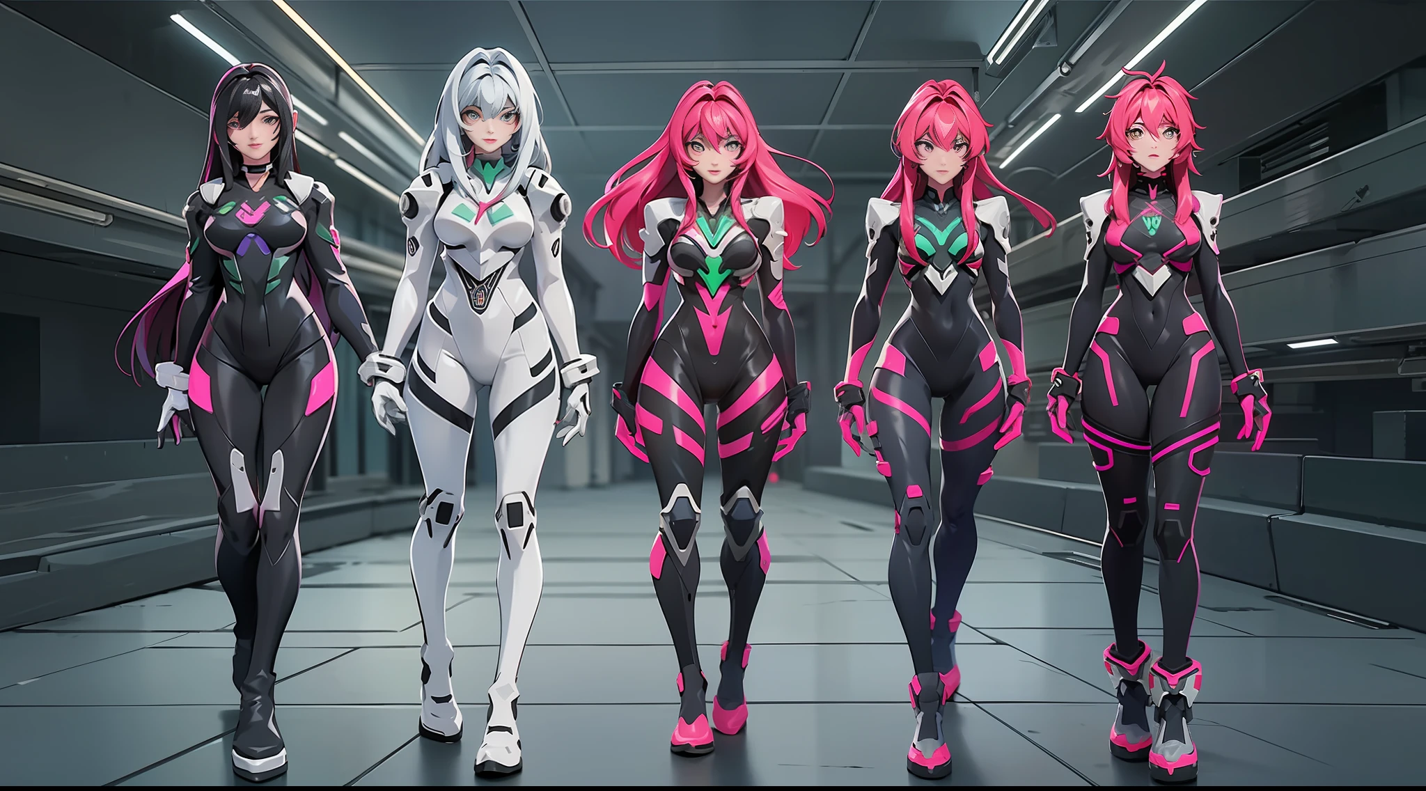 full body picture Unreal Engine 5 8K UHD of a group of  3 beautiful women, random hair style style, wearing Evangelion black plug suit, half face cyberpunk mask, random color neon light details, cyberpunk city, patrolling the city, best quality, masterpiece