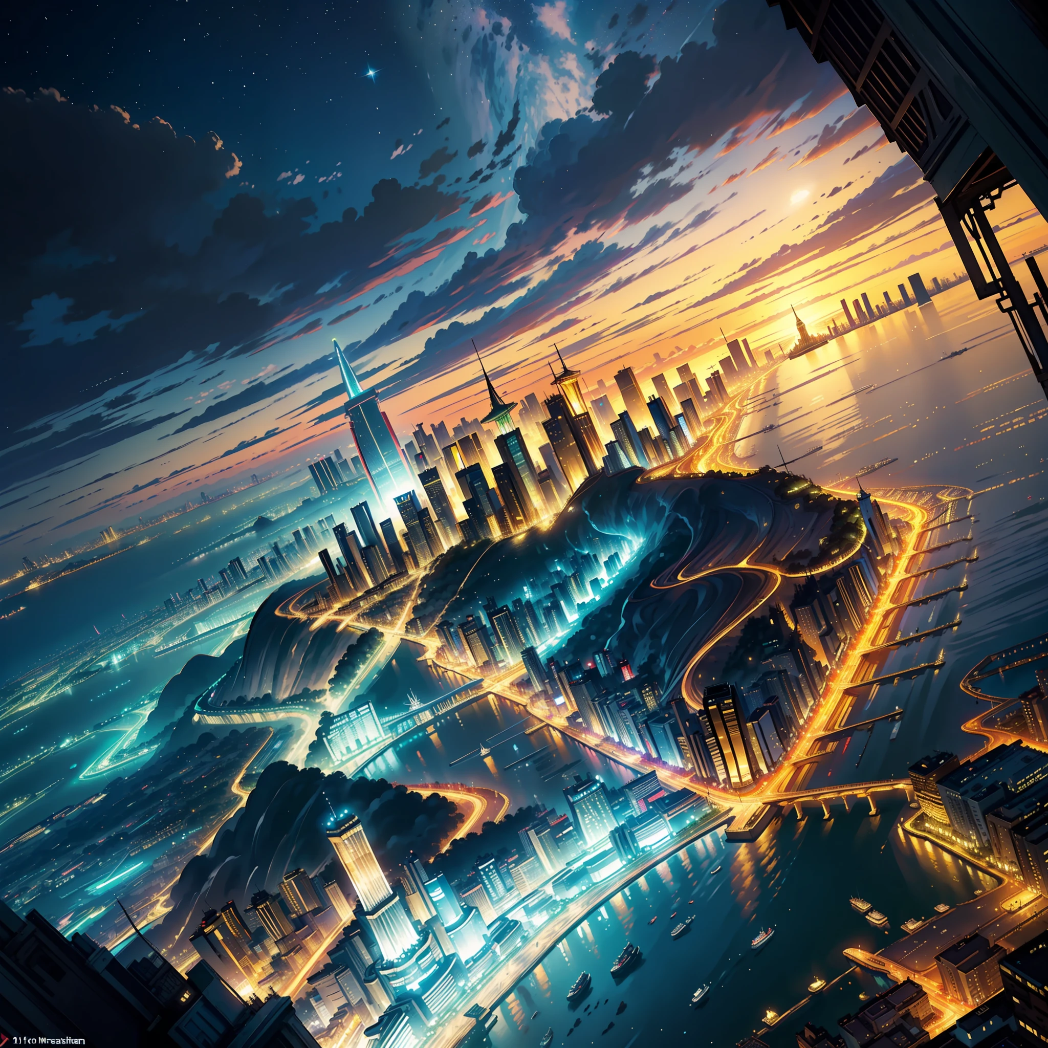 ((realistic: 1.5)),((best quality)), ((masterpiece)),((detailed)), scenery, large metropolis, divided into part rich and part poor, illuminated city, christ the redeemer, beaches, clouds, stars, large buildings