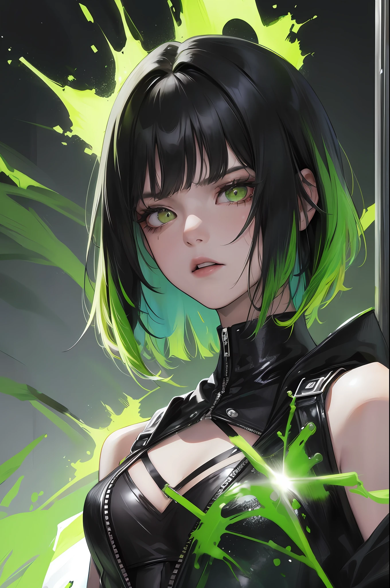 (highest resolution, distinct_image) Best quality, a female's masterpiece, highly detailed, semi realistic,(most of body), (best quality, masterpiece, ultra-realistic), portrait of 1 beautiful  girl,black hair, wolfcut, emo, darkskin, emo outfit, y2k,angry expression, snap, ripped black bangs, open jacket, shadow over eyes, furious, soarypaint background, green sparks,shorthair, Wolfcut hair, green streaks in hair, eyes down, mad