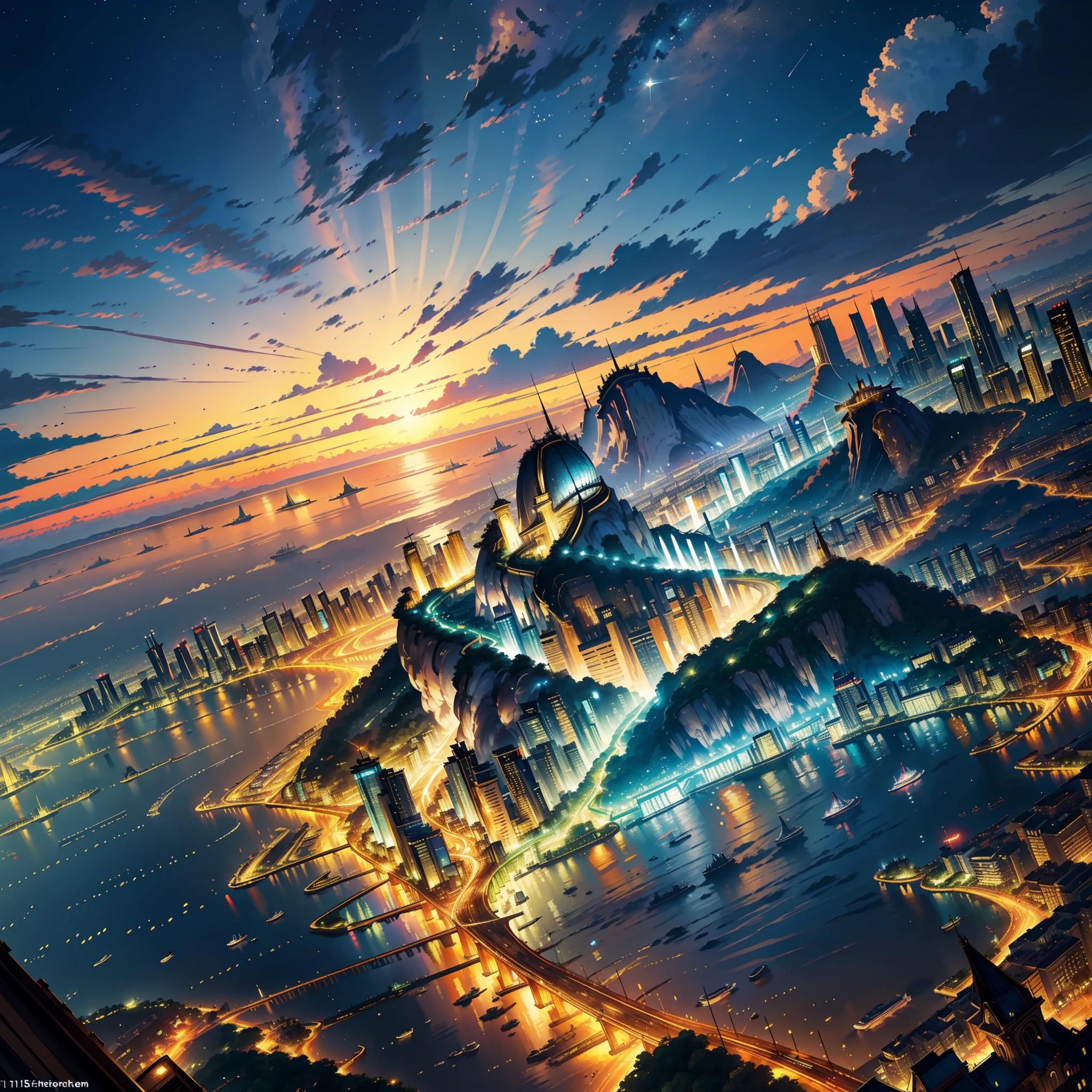 ((realistic: 1.5)),((best quality)), ((masterpiece)),((detailed)), scenery, large metropolis, divided into part rich and part poor, illuminated city, christ the redeemer, beaches, clouds, stars, large buildings