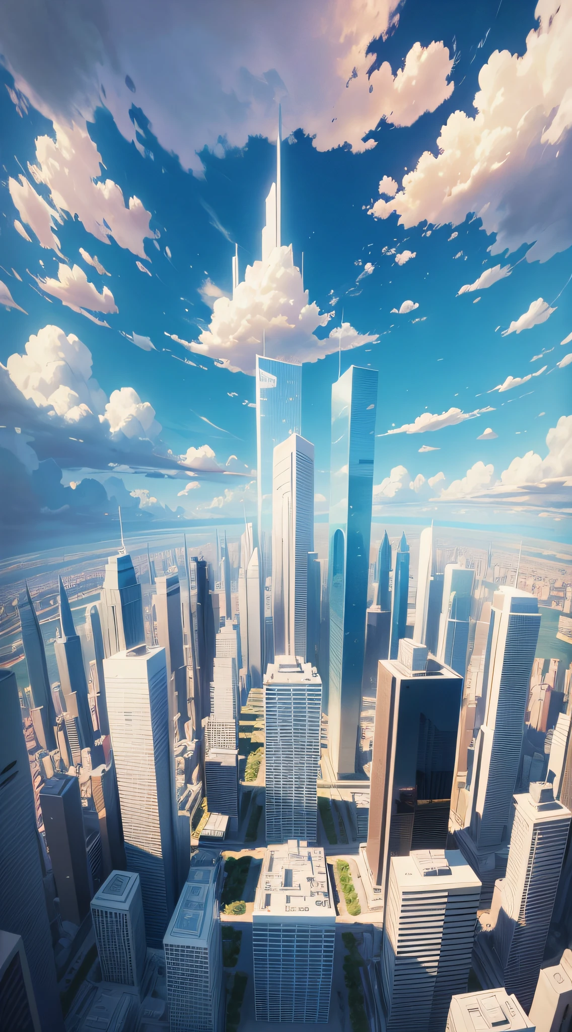 Modern cartoon city, surrounded by the city, in the middle is a large stage, background blue sky and white clouds, the sun shines, warm clouds, three-dimensional perspective, commercial illustration