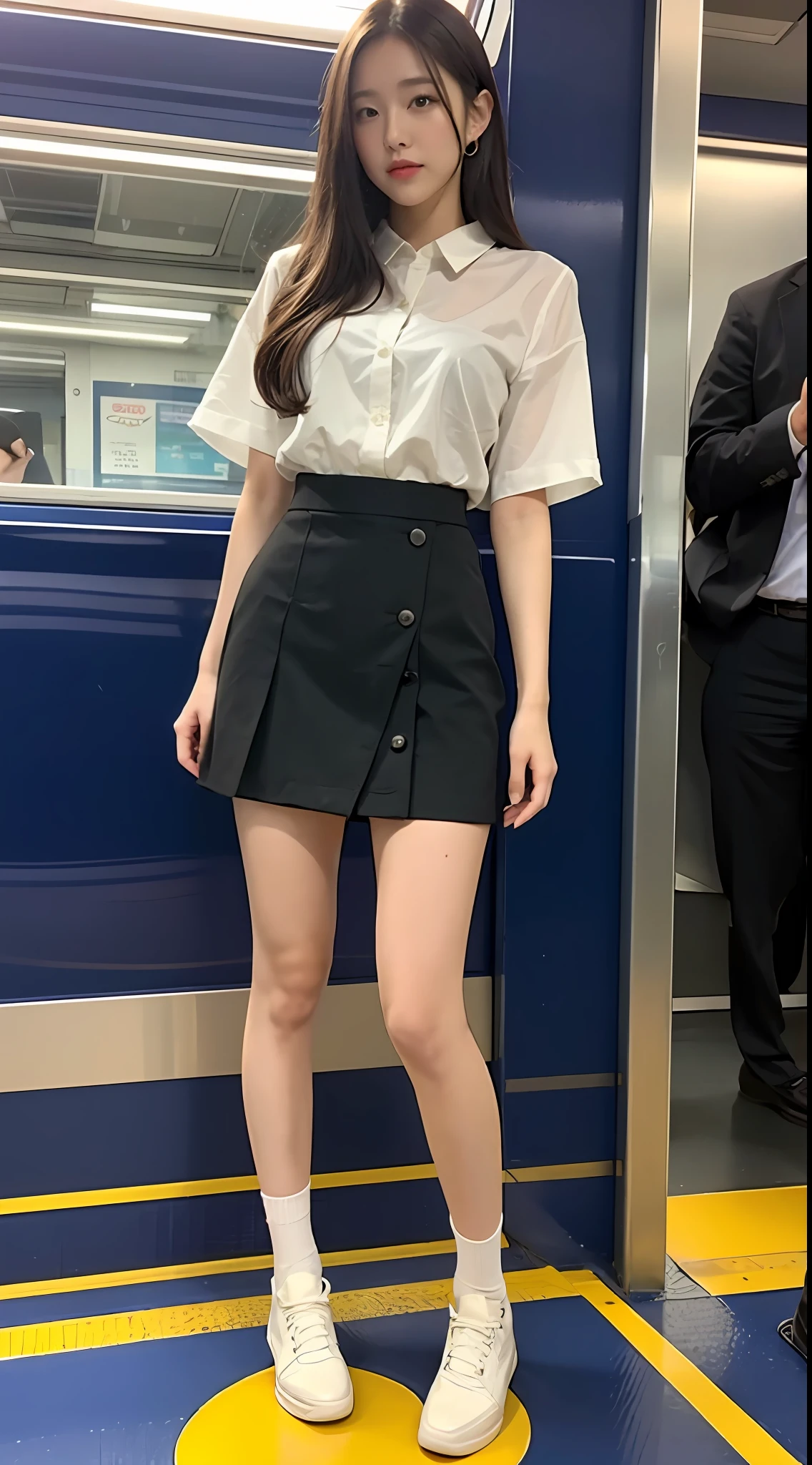 (Top Quality, 8k, 32k, Masterpiece, UHD: 1.2), Cute Japan Female Pictures, 1 Girl, (Big: 1.1), (Tall Women), (Abs, Slim Figure: 1.1), (Lips), (Medium Short Dark Brown Hair), Double Eyelids, Wet White Blouse, Realistic Ray Light, In a Crowded Train, Dark Blue Short Skirt, Slit in Skirt, ((Full Body)),