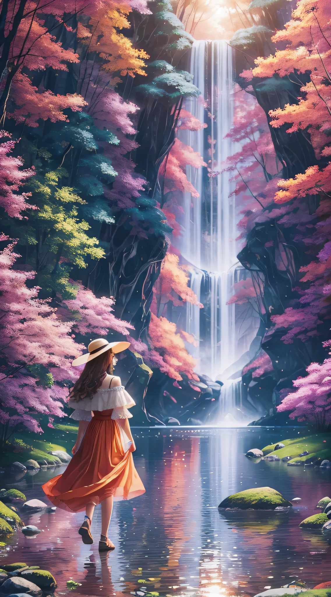 1girl, surreal beautiful young woman, walking in valley in colorful dress, ethereal beauty, clear face, pointed chin, (big eyes), full body, lake surface, ((large grove)), Tyndall ray, realism, cinematic lighting, ray tracing, optical illusion, lens flare, 120mm, f/1.2, sony fe gm, ultra hd, retina, masterpiece, ((best quality)), ((masterpiece)), (very detailed: 1.3) --auto --s2