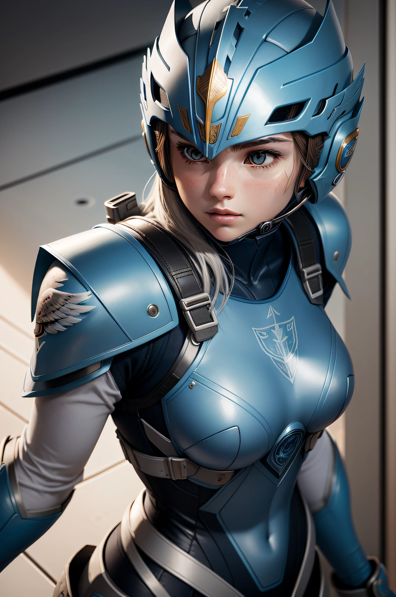 [Detailed illustrations, very detailed and detailed drawings, delicate lines with slow and urgent, realistic texture expression], 17-year-old female blue Power Rangers, (Eagle: 0.5) (helmet mask) Sky blue rubber suit (eagle emblem on chest and forehead),(called Blue Eagle Ranger),(Proportioned and perfectly proportioned)),Watercolor,( Art based on ideal anatomy,Design built to a high level,Ideal color coordination),((Ultra-dense detail)),(Detail,High definition),((Accurate simulation of light-material interaction)),[Ultra-precision detail,HighQuality].