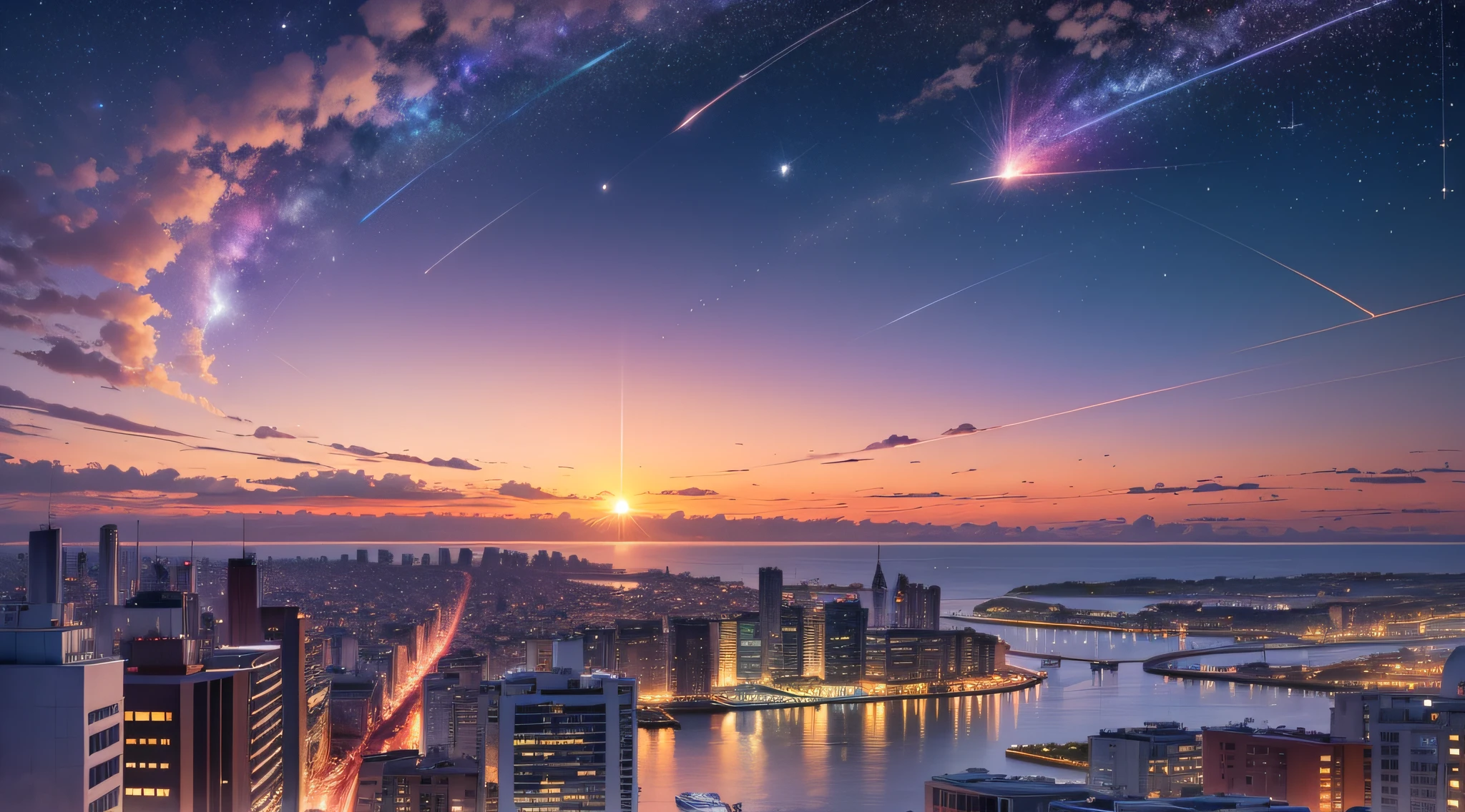 City, sunset, shooting star, rooftop, sea view, beauty --auto --s2