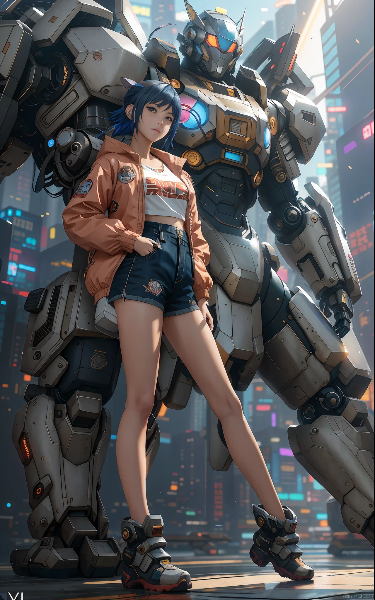 anime girl in short shorts and jacket standing next to giant robot, artwork in the style of guweiz, cyberpunk anime girl mech, trending on cgstation, guweiz, by Russell Dongjun Lu, digital cyberpunk anime art, ross tran 8 k, guweiz on artstation pixiv, girl in mecha cyber armor