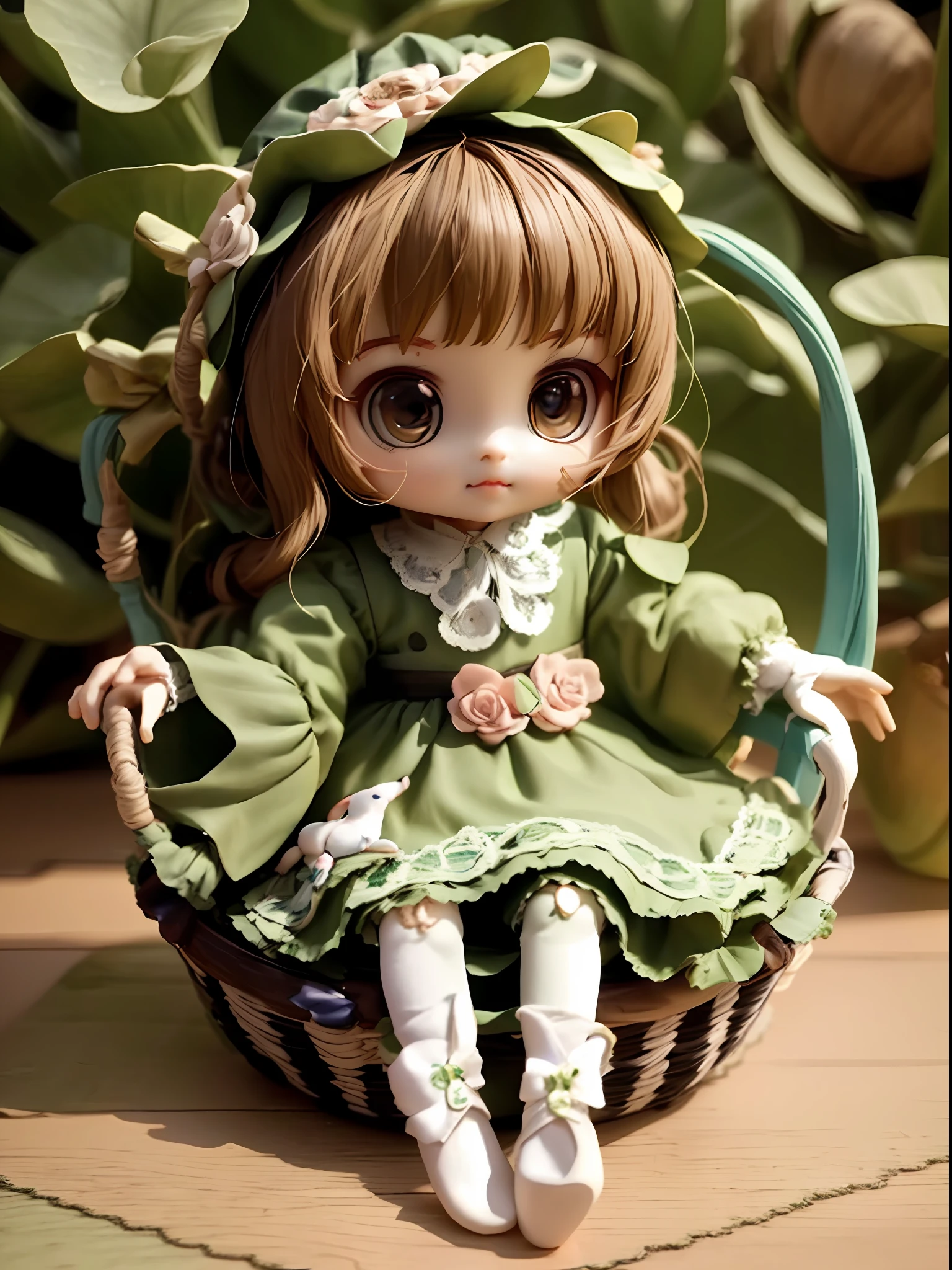 there is a doll that is sitting in a basket with a leaf on it, cute detailed digital art, adorable digital painting, cute 3 d render, cute pocelain doll, cute digital art, with very highly detailed face, cute natural anime face, kawaii realistic portrait, 3 d render stylized, cute detailed artwork, nendoroid 3 d, anime figurine