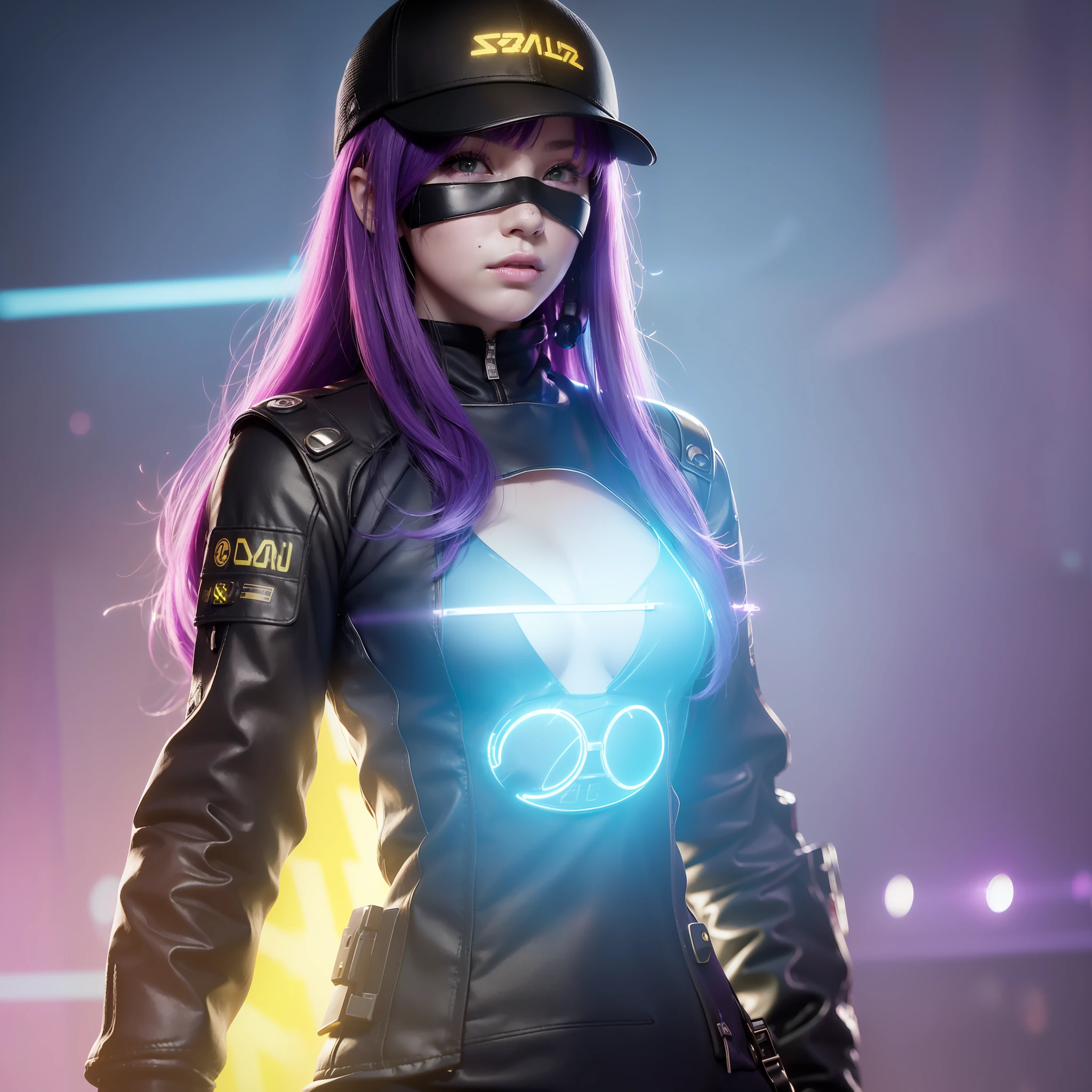 (A Solo Girl: 1.2), (Cyberpunk), (City and Peace Symbol Colliding), (Purple Hair: 1.3, Yellow Eyes), (Freckles, Mechanic, With Blindfold), (Prosthetics, Neon Lights, Beautiful Lights, Purple Reflection), (Black Hair Covered by a Hat), (Smoke Diffusion, Character Focus, Bust Shot), (CG Illustration), [Costume: Yellow Costume, Black Costume]