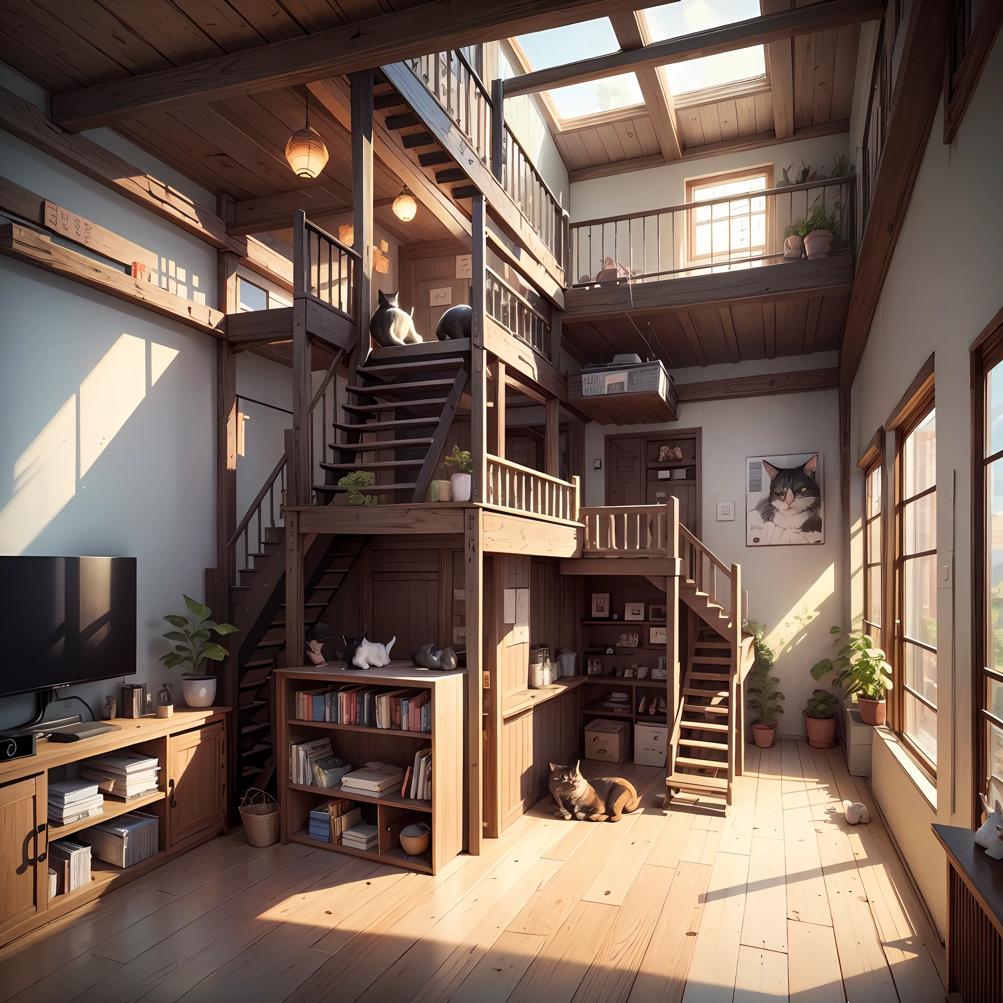 I want a Taobao map, realistic style, simple style, dark wooden cat climbing frame, background for family living room, with toys, cat scratch board, background white is dominant --auto --s2