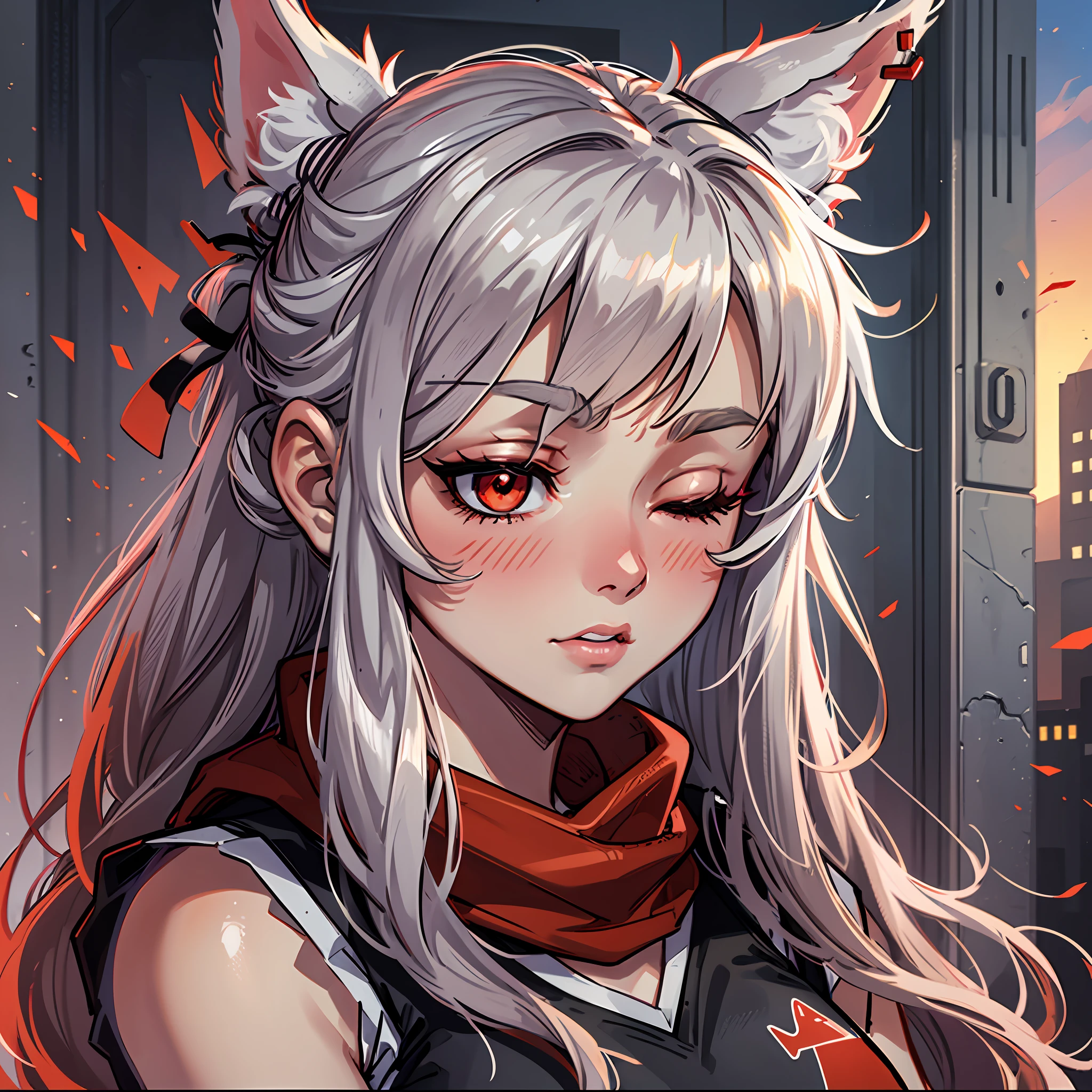Best quality, melancholy expression, white cat ear hair, red eyes, black sports bra, sunset, band-aid, black-brown skin, blush, red scarf, hairpins on the head, hairpins in the shape of a cat, black shorts, vest line, plump, eyes closed, sun on the face, close-up of the head, pessimism