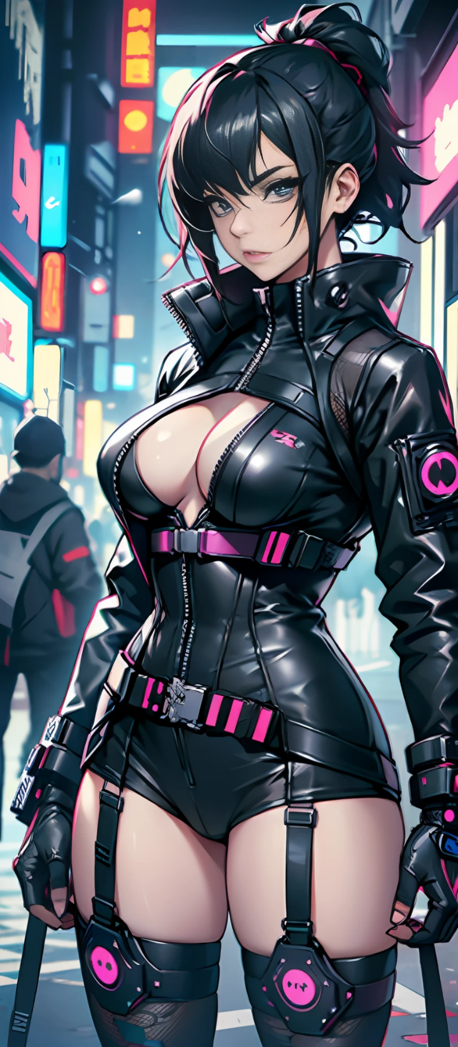 there is a woman with small breasts and massive hips in a corset and a black and white outfit, with Fishnet on breasts, humble outfit, wearing techwear and armor, cyberpunk outfit, wearing japanese techwear, intriguing outfit, all black cyberpunk clothes, cyberpunk style outfit, female cyberpunk anime girl, cyberpunk streetwear, cyberpunk dress, anime girl cosplay, photograph of a techwear woman, cyberpunk anime girl, wearing cyberpunk streetwear, maid outfit --auto --s2