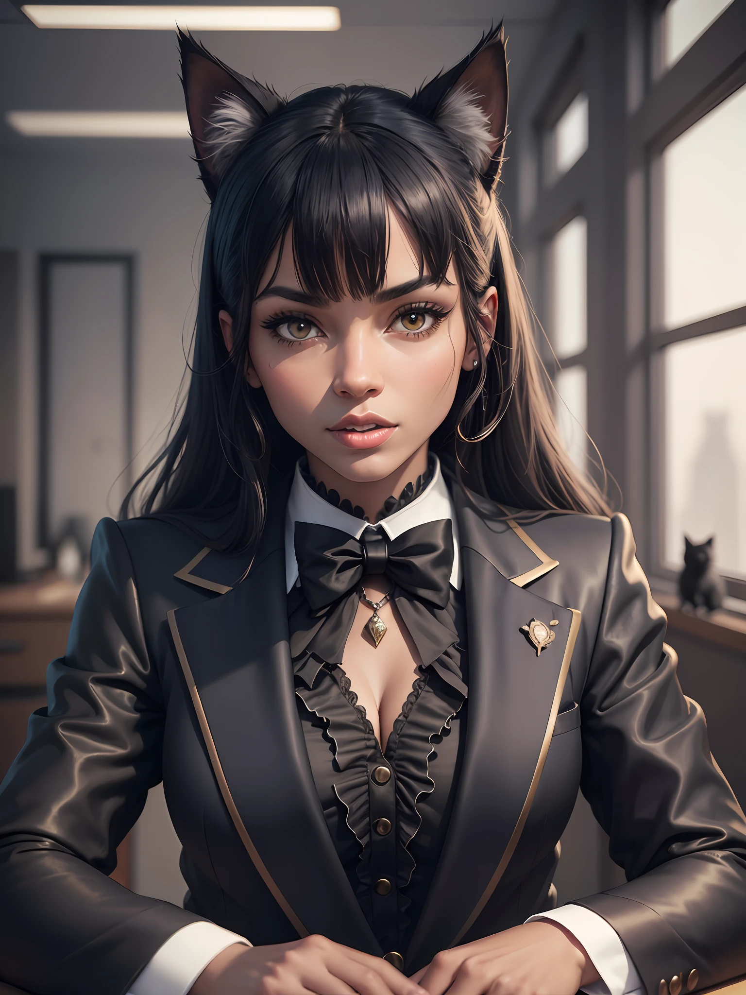 Portrait of a black cat with human body, wearing an extravagant suit, good ilumination, in an office, realistic,8k --auto --s2